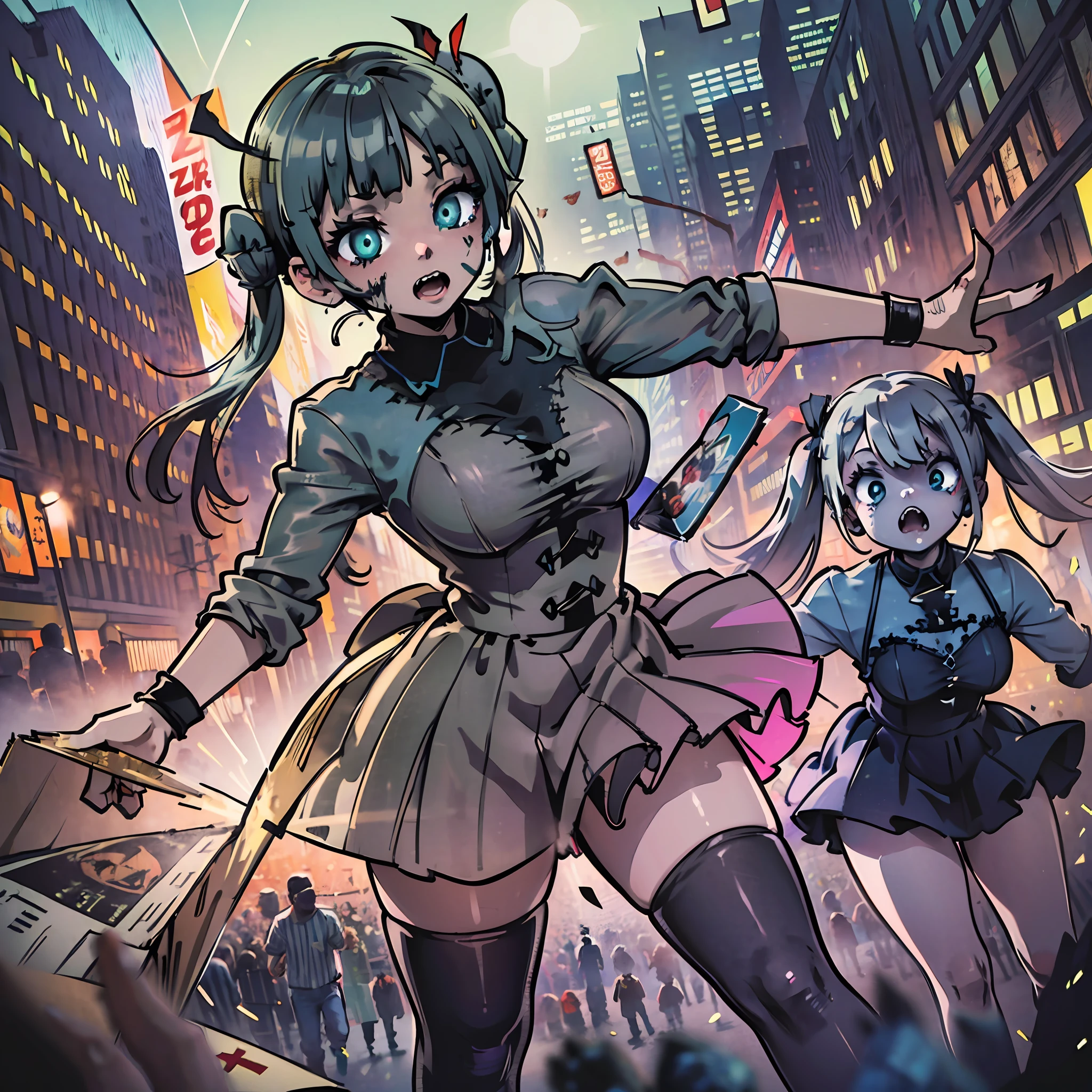 (award winning 8k concept art:1.3) of (three young woman attacking the viewer, open mouth, many zombies, crowd:1.3), extremely detailed background, biting, giant zombie chibi in the background, darkness, flash, close to camera, sweet, front, epic, (masterpiece:1.4), (best quality:1.4), Amazing, beautiful, finely detailed, (Depth of field:1.4), 8k, fine art, stunning, (light reflections:1), (crisp:1.6), red twin tails, vibrant, (edge detection:1.4), absurdres, impressive, 120mm, clear, lens flare, wide shot, wide angle, colorful, scenery