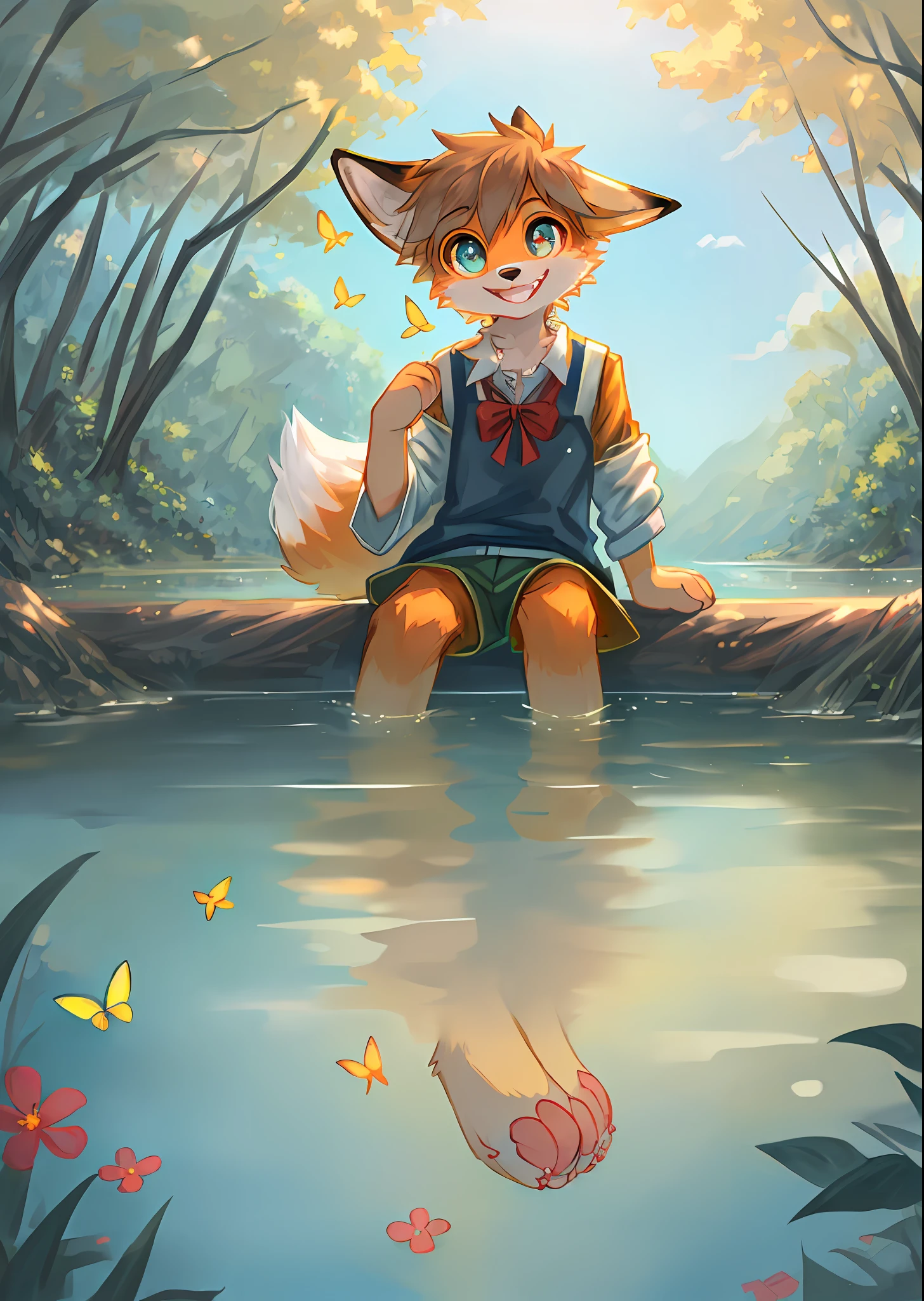 ((solo)), a beautiful scene (Anthro furry fox boy), fishing in a stream, butterfly, ((happy, laughing, detailed face, detailed big eyes)), natural soft light, 8k, SFW, summer ,peaceful, hired, (furry paws), wearing clothes,
