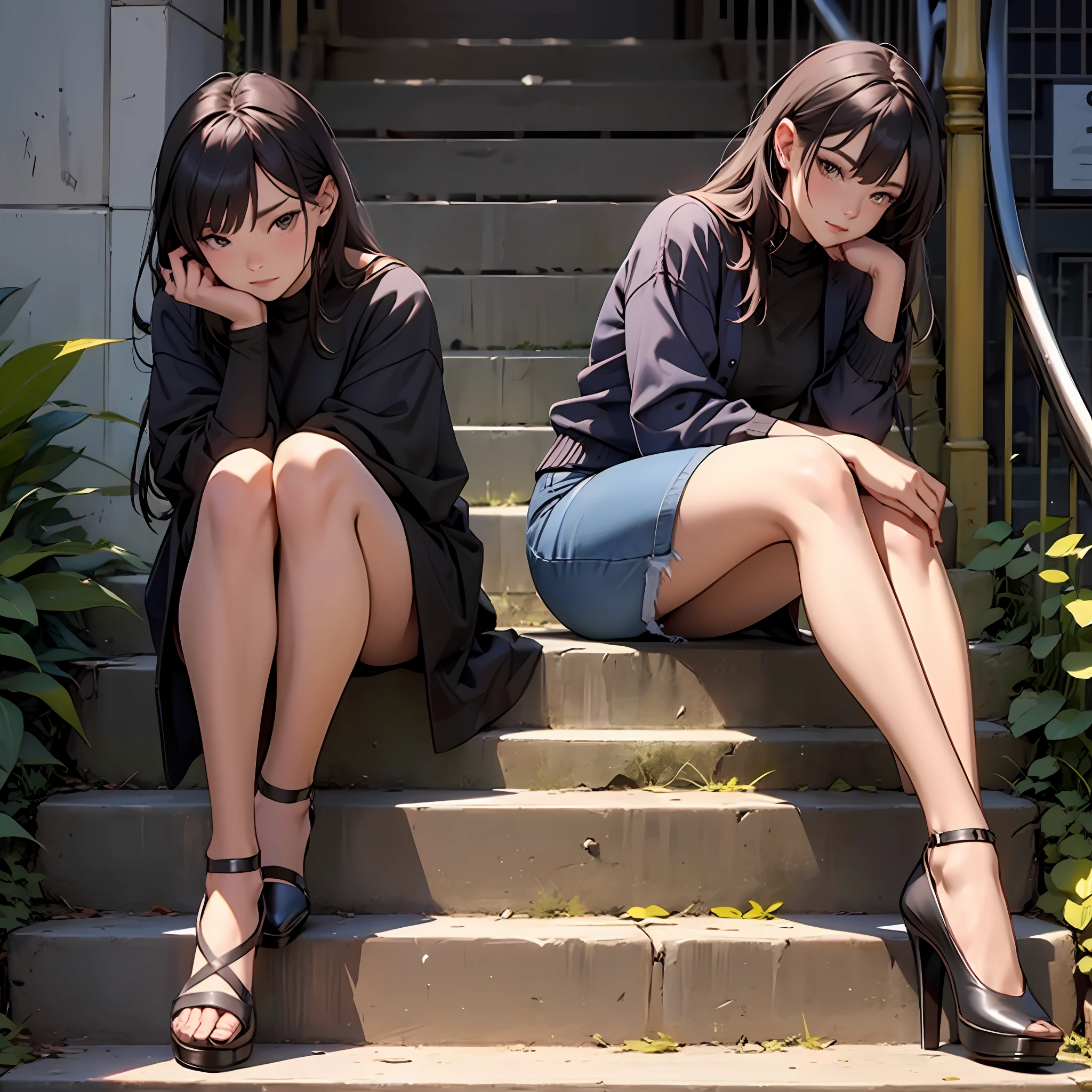 Beautiful woman sitting on the stairs、beauty legs、Anatomically correct legs、Absolute area