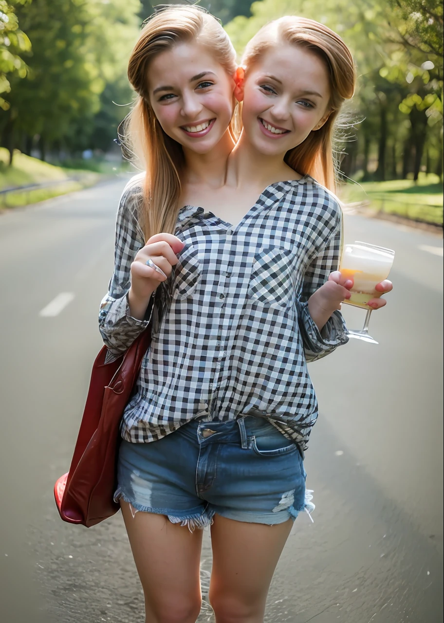 2heads, two headed girl, (one torso:1.5), pale skin, (redhead:1.4), (ager:1.4), white girls, (two heads on one body:1.4), conjoined twins, heads side by side, one torso, young, uncomfortable, barefoot