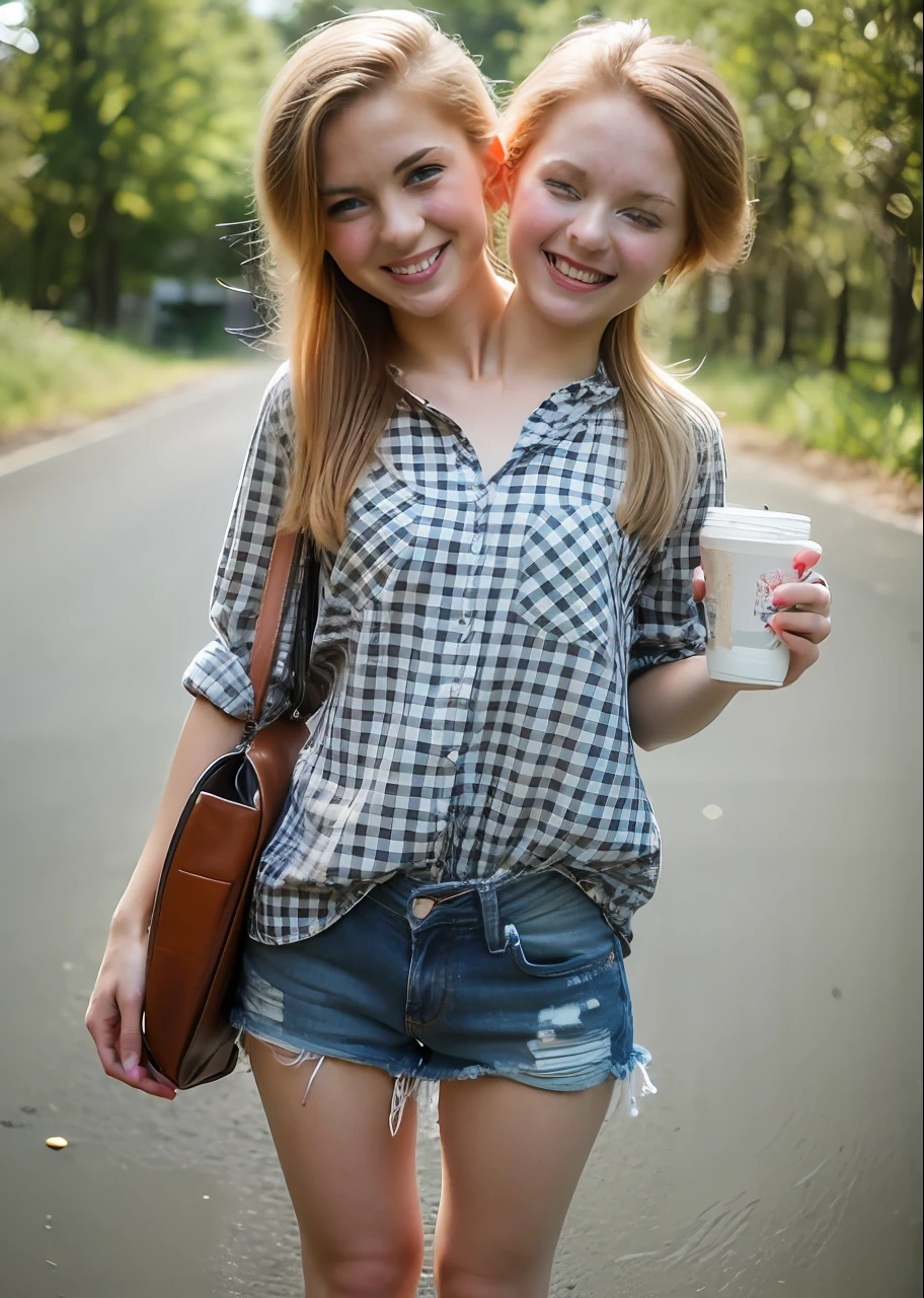 2heads, two headed girl, (one torso:1.5), pale skin, (redhead:1.4), (ager:1.4), white girls, (two heads on one body:1.4), conjoined twins, heads side by side, one torso, young, uncomfortable, barefoot