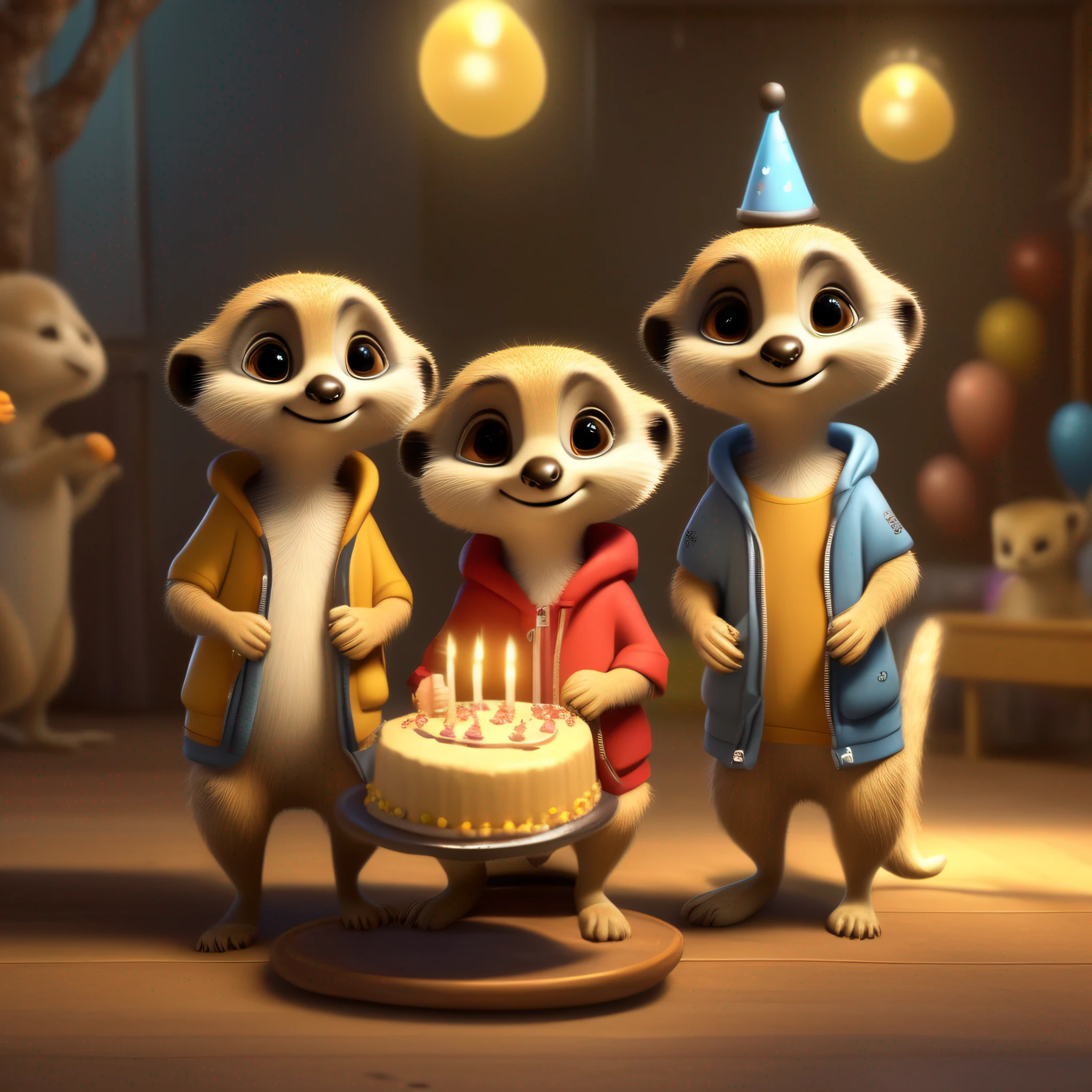cute little group of four meerkat, dressed with dungarees, hoody , one of them holding white color birthday cake in hand , full body view, zoom out , party background , unreal engine, cozy indoor lighting, artstation, high detailed, digital painting, cinematic, character design by mark ryden and pixar and hayao miyazaki, unreal 5, daz, hyperrealistic, octane render