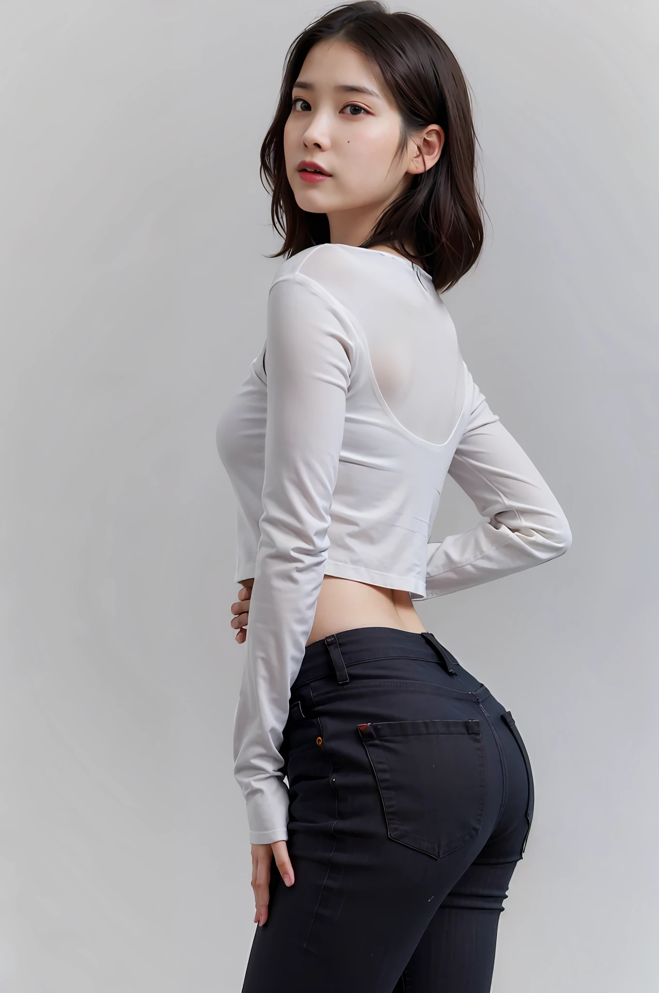 a woman in a white shirt and black pants posing for a picture, wearing a sexy cropped top, wearing tight simple clothes, wearing a cropped tops, with ripped crop t - shirt, wearing a cropped top, back - view, tight shirt, photo of slim girl model, thin waist, wearing crop top, white top, half body cropping, wearing tight shirt, iu1
