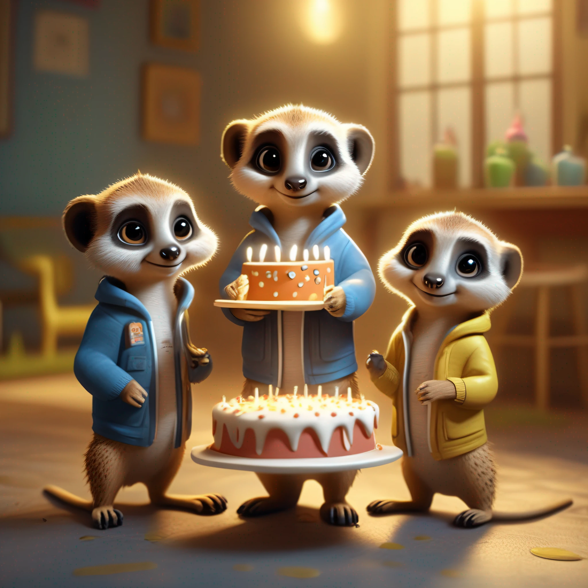 cute little group of four meerkat, dressed with dungarees, hoody , one of them holding white color birthday cake in hand , full body view, zoom out , party background , unreal engine, cozy indoor lighting, artstation, high detailed, digital painting, cinematic, character design by mark ryden and pixar and hayao miyazaki, unreal 5, daz, hyperrealistic, octane render