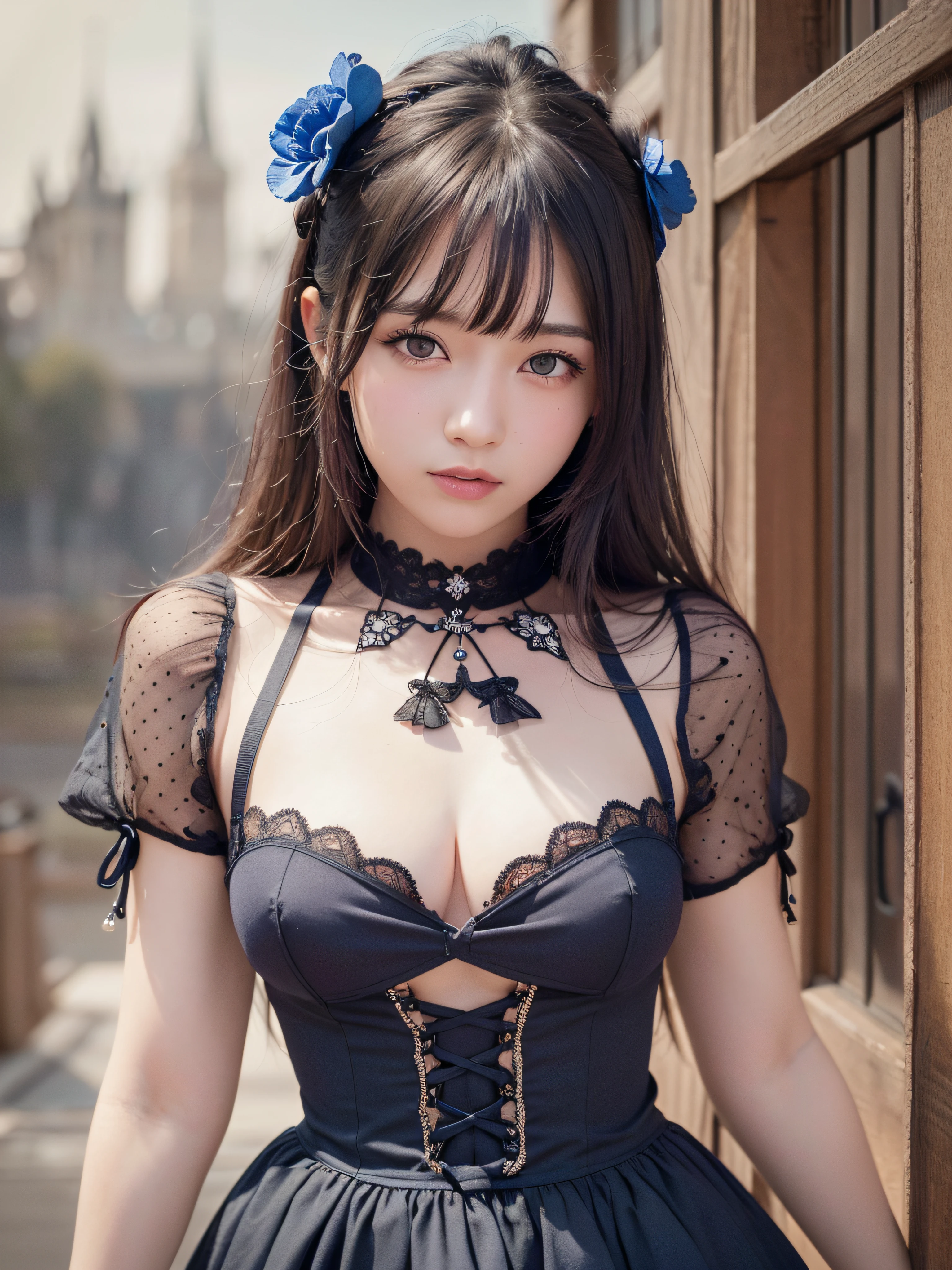 (realistic, photo realistic:1.37), incredibly absurdres, (insanely detailed:1.3), 8k, (masterpiece), (best quality:1.4), (ultra high res:1.2), (raw photo:1.2), (unity 8k wallpaper), 1 nogizaka girl, utterly cute, (bishojo:1.35), (:1.4), ((alice and the pirates fashion)), delicate detailed beautiful dress, hair accessory with blue rose, an exquisitely detailed and beautiful face and eyes and skin, detailed black shine hair, medium breasts, smile at the camera, cowboy shot, european castles, ultra detailed background, professional lighting