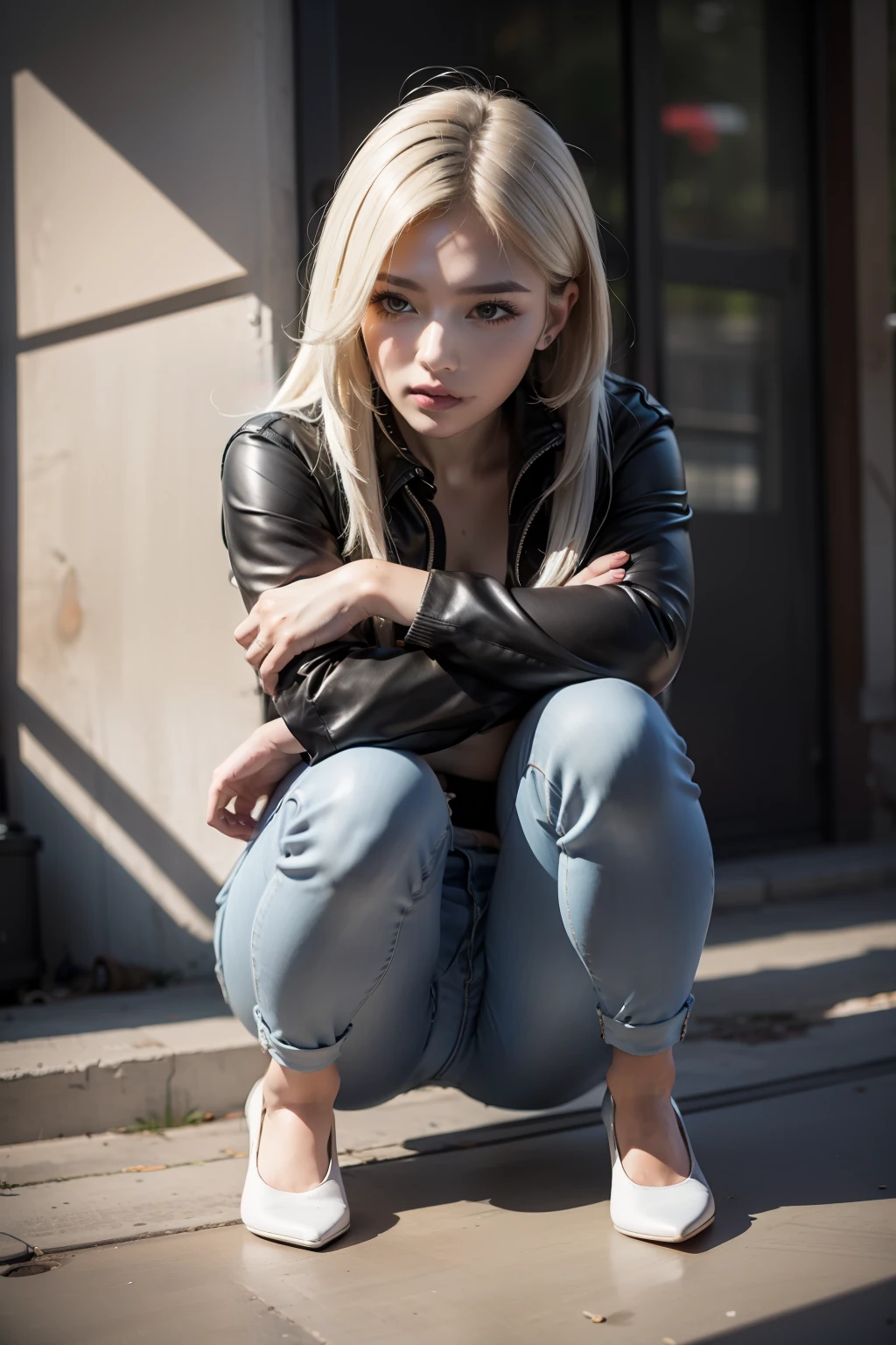 ((Sitting on the ground))、((Inter-strands))、Skinny Jeans、((Open legs))、Crouching、a beautiful detailed girl、bending her knees、шедевр、beste-Qualit、Extremely detailled、White jeans、hotpants、pant suit、charming poses