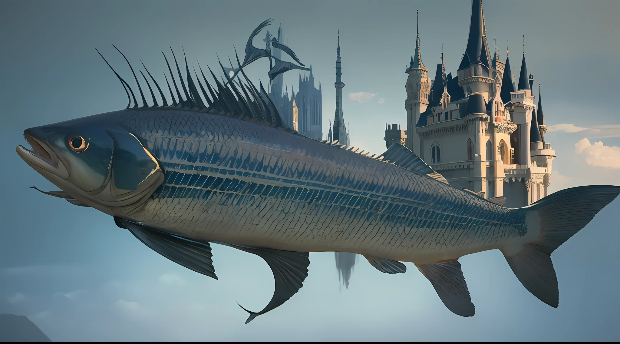 painting of a castle with a giant fish floating in the air, magically shaped surrealism, dreamlike surrealism, fantaisie fantaisie art paysager, surrealist art, surreal and fantasy art, surrealistic digital artwork, surreal digital art, surreal dreamscape, neosurrealism. digital art, Art fantastique grand angle, surreal + highly-detailed, surreal painting, surrealist conceptual art, surreal style