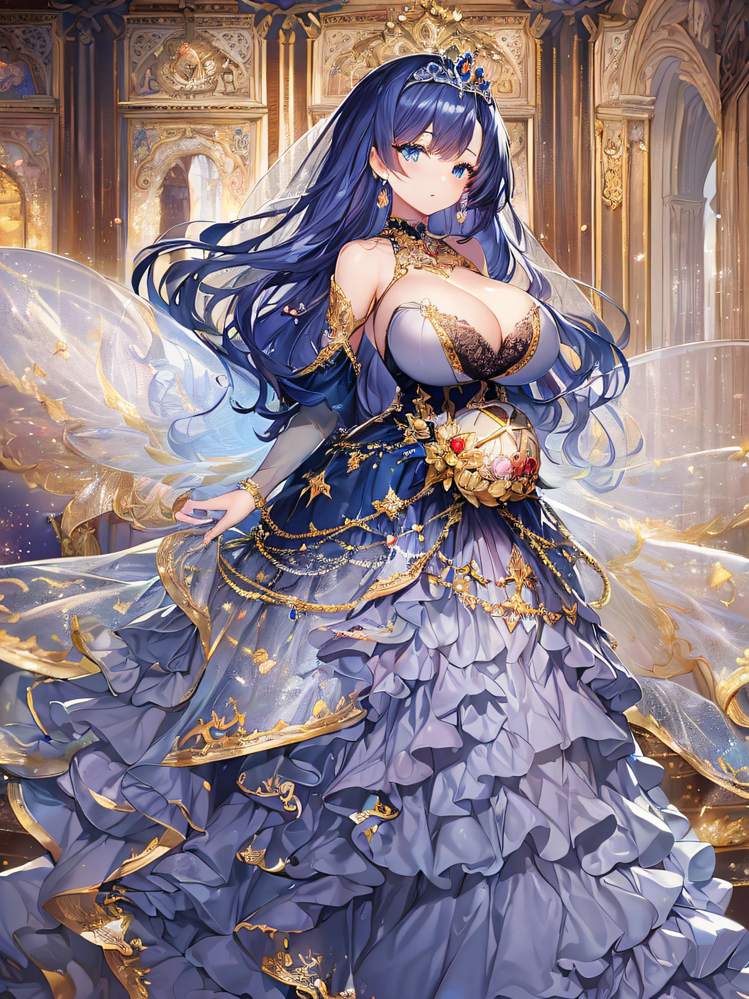 ((anime artstyle)),(Masterpiece),(Best Quality), (Super Detail),((Very Delicate and Beautiful)),Focus on character,Dynamic Angle,Looking at viewer,((Solo)),standing,(((full body))),(((one fairy tale world princess in gorgeous ball gown with voluminous skirt))),detailed face and eyes,jewel-like eyes,((Very Long voluminous Hair)),gorgeous embroidery and lace,See-through,ornate ruffles,Gorgeous jewelry ornaments,luxury hair ornament,luxury tiara with jewels,(gigantic breasts,Long breasts),full body,((fairy tale world)),fairy tale atmosphere,jeweled ball gown,((gorgeous ball gown with voluminous skirt))