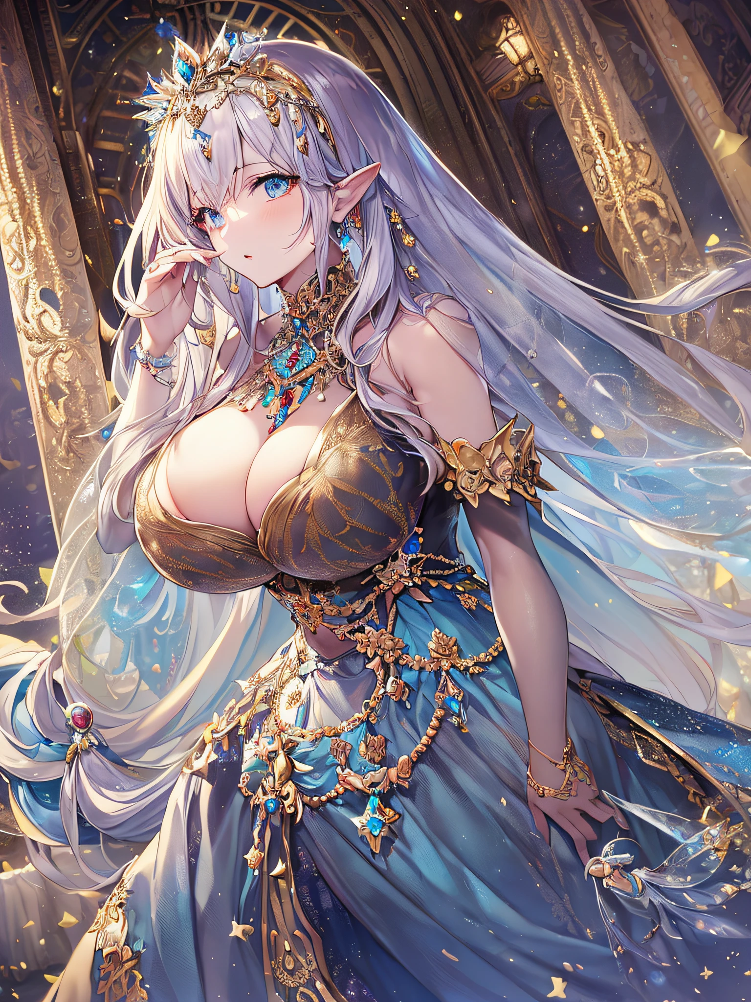((anime artstyle)),(Masterpiece),(Best Quality), (Super Detail),((Very Delicate and Beautiful)),Focus on character,Dynamic Angle,Looking at viewer,((Solo)),standing,(((full body))),(((one fairy tale world princess in gorgeous ball gown with voluminous skirt))),detailed face and eyes,jewel-like eyes,((Very Long voluminous Hair)),gorgeous embroidery and lace,See-through,ornate ruffles,Gorgeous jewelry ornaments,luxury hair ornament,luxury tiara with jewels,(gigantic breasts,Long breasts),full body,((fairy tale world)),fairy tale atmosphere,jeweled ball gown,((gorgeous ball gown with voluminous skirt))