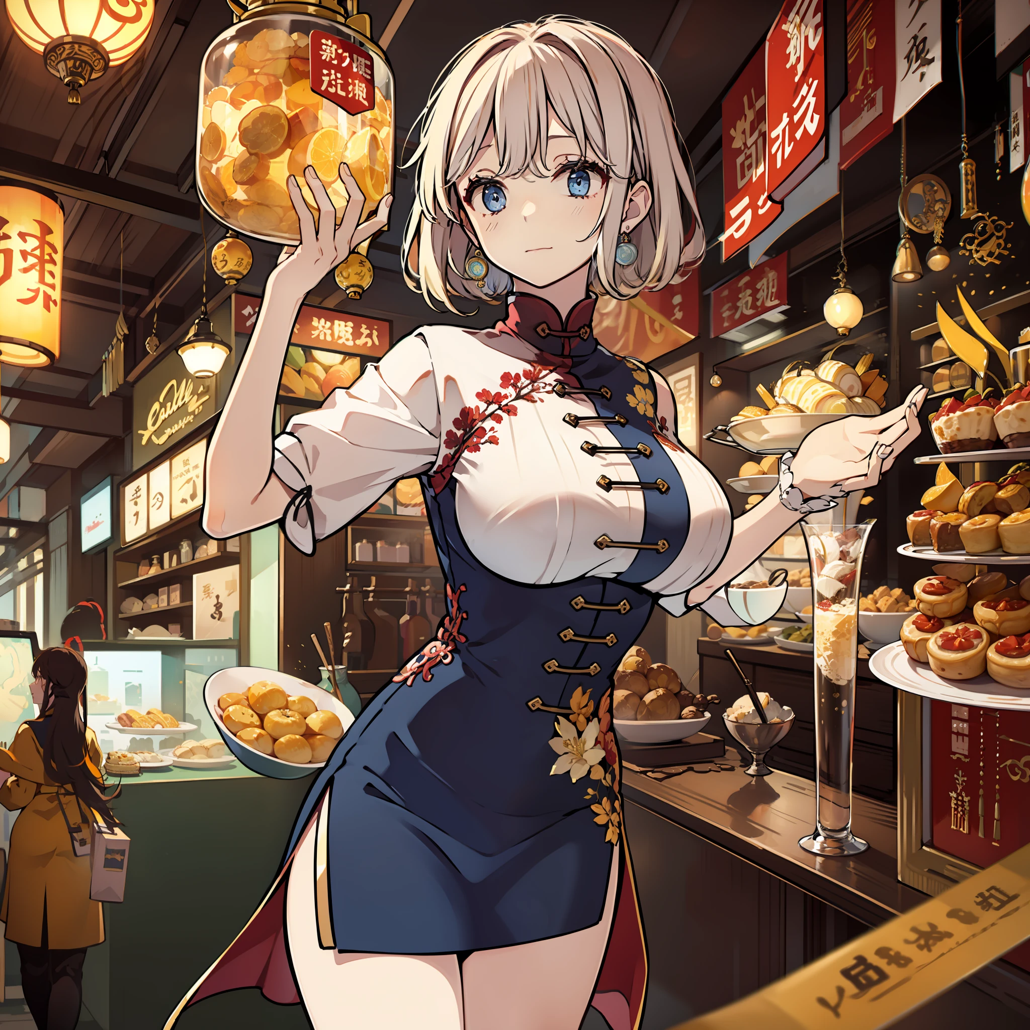 masute piece, Fine detail, 4K, 8K, 12K, Solo, One person, Beautiful Girl, caucasian female, Alice Margatroid of the Eastern Project、mideum breasts、shorth hair、chinese clothes, Chinese dress, Chinatown