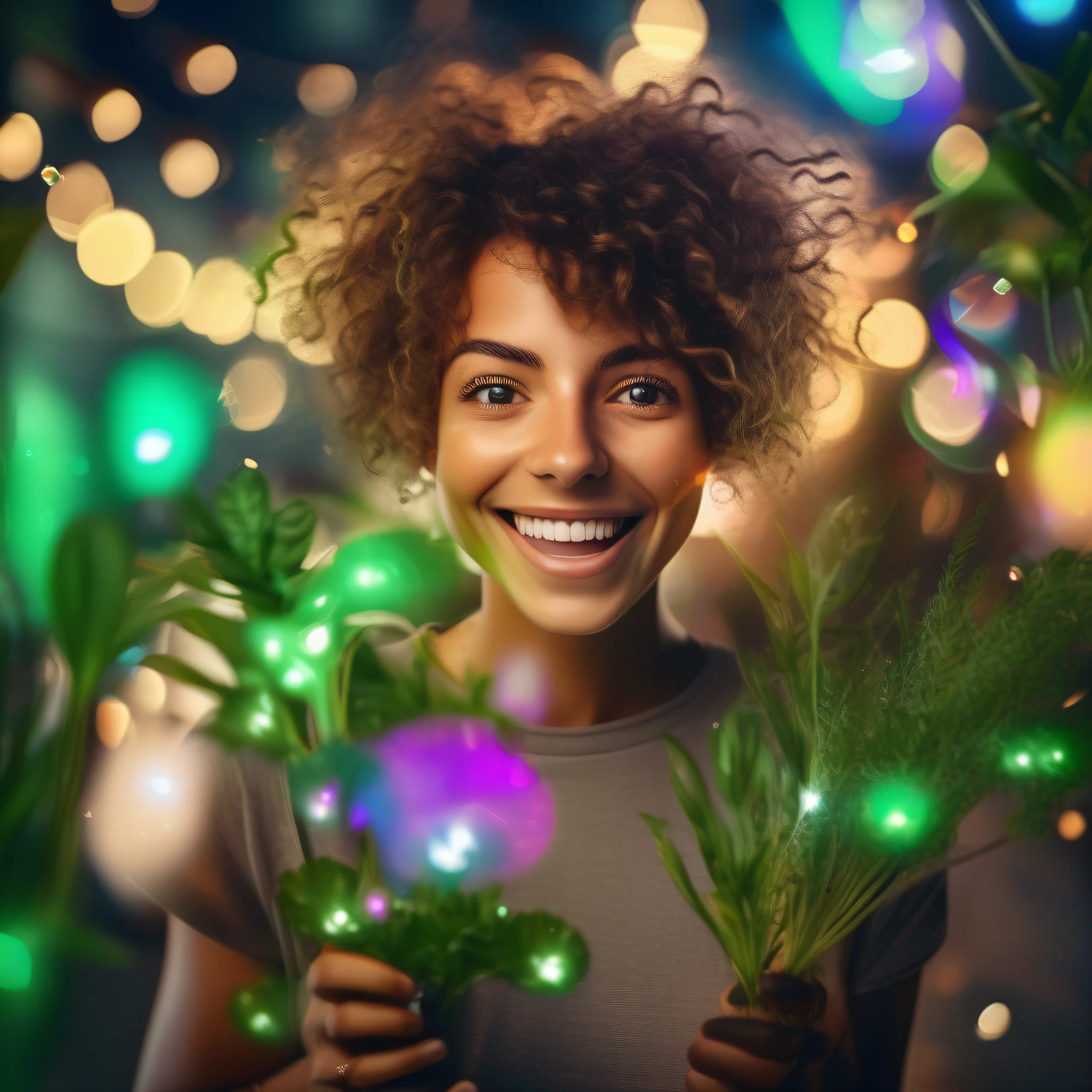 high resolution photo of a happy surprised smiling a french woman with cut hair brown and green eyes holding a plant with many colored lights greens glowing out of the plant with icons of social media and icons of people flowing in a magical scene - ar 2:3