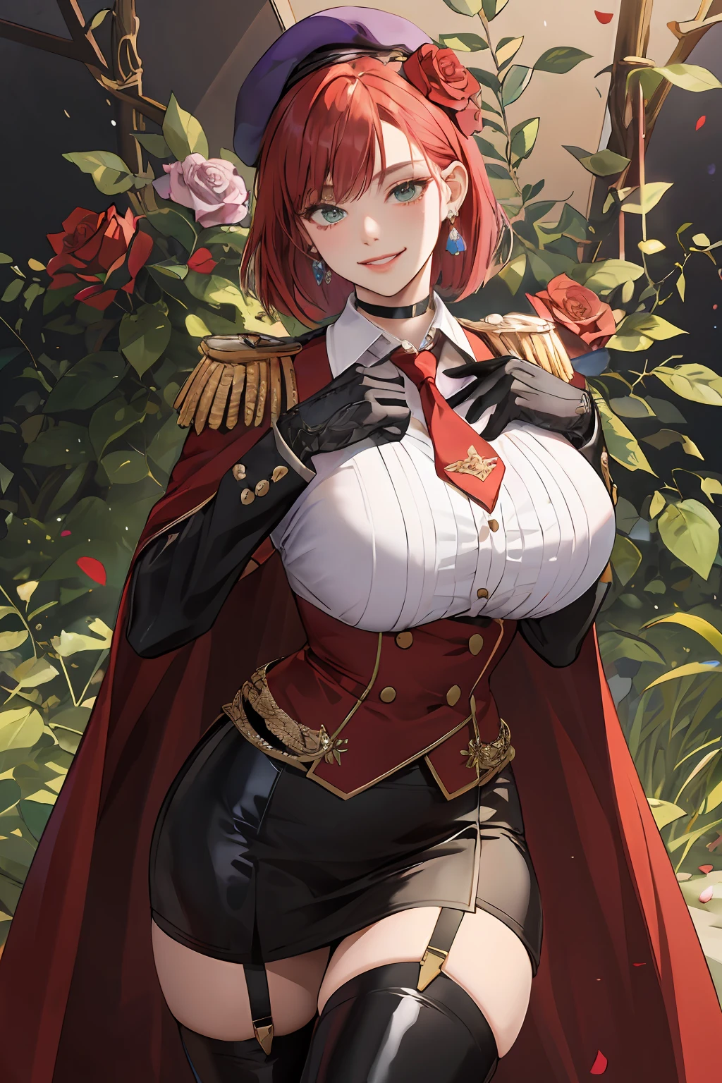 absurdres, best quality, amazing fine details, high resolution, all intricate, masterpiece, awsome many layers,
rose flower military secretary,evil smile, sadistic, seductive eyes,
(fusion rose flower and woman, woman form rose flower, fusion, rose flower woman,
vines, thorn)++, (rose flower headpiece)++, (thorn coiled around her body)++,
fusion rose flower and military suit, rose flower, (rose red hair, fusion rose flower and hair)++, rose tattoo,
(luster glossy shiny metallic latex business military outfit)++,
milf, mature woman,female business-person, glasses, sullenness, 40 years old,
CEO, shirt, tight skirt, black choker, earrings,
bob cut, blunt bangs, fusion satin and latex military uniform, beret, chest cut out, military skirt, cloak, gloves, boots, tights, epaulette, whip, necktie, knee socks, Garter Belt, panties, tuck up skirt,holding whip,
detailed surface texture, breast enhancement, gigantic boob, toned female, glamorous perfect female proportion,
