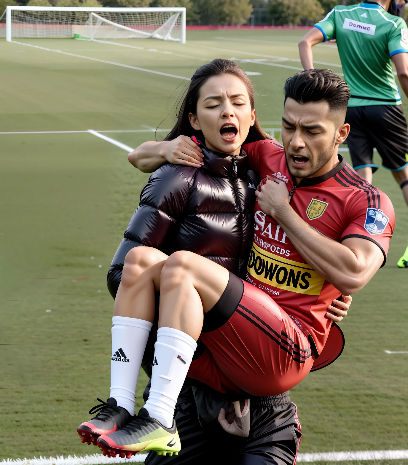 a woman in a laquered downjacket, a womqn in a pvc-downjacket, a woman in a deep black laquered down jacket, a woman in a wetlook shiny black downjacket, soccer action pose, affection pose, lecherous action pose, dramatic action pose, theatralic pose, there is an attractive woman that is carrying a skinny man, there is a beautiful woman in a shiny coat who is carrying a blond man in her arms, a longhaired beautiful woman in a high-shine black puffy coat, a longhaired woman in a shiny downcoat, a woman is carrying a shorthaired man who is wearing matte cotton shorts and a matte cotton t-shirt, a weak man in matte cotton sports shorts is consciousless and needs to be carried, a shorthaired man with closed eyes is carried in the arms of a longhaired woman, a woman looks very scared and terrified, a consciousless man with closed eyes is suffering very much and has a very painful face, photo, photo shoot, photographed , accident, help, aid, first aid, pity