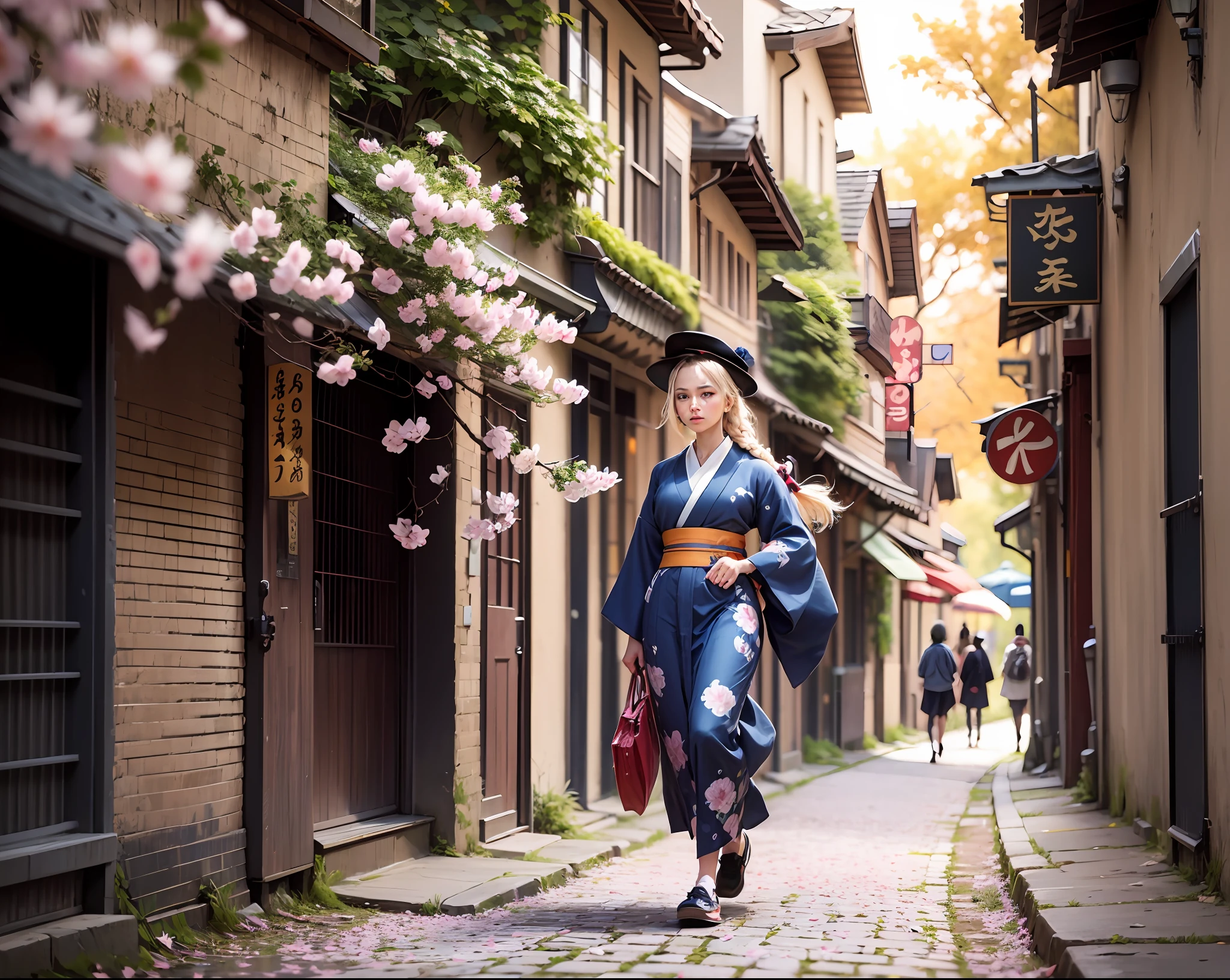 full frame, full body, in detail and in detail a European girl of extraordinary beauty with a long light blond braid of hair, 18 years old, walks along an alley with cherry blossoms and mallow bushes in a kimono and gane shoes, in detail and in detail the color of the kimono is dark blue brocade with an application in the form of inflorescences  boys, detailed dark blue gane, in detail and in detail the alley is strewn with fallen sakura petals, ultra high resolution, clear focus, super detailed, natural light, sun rays, rim light, cinematic photo tinting, William Mortensen style --auto --s2