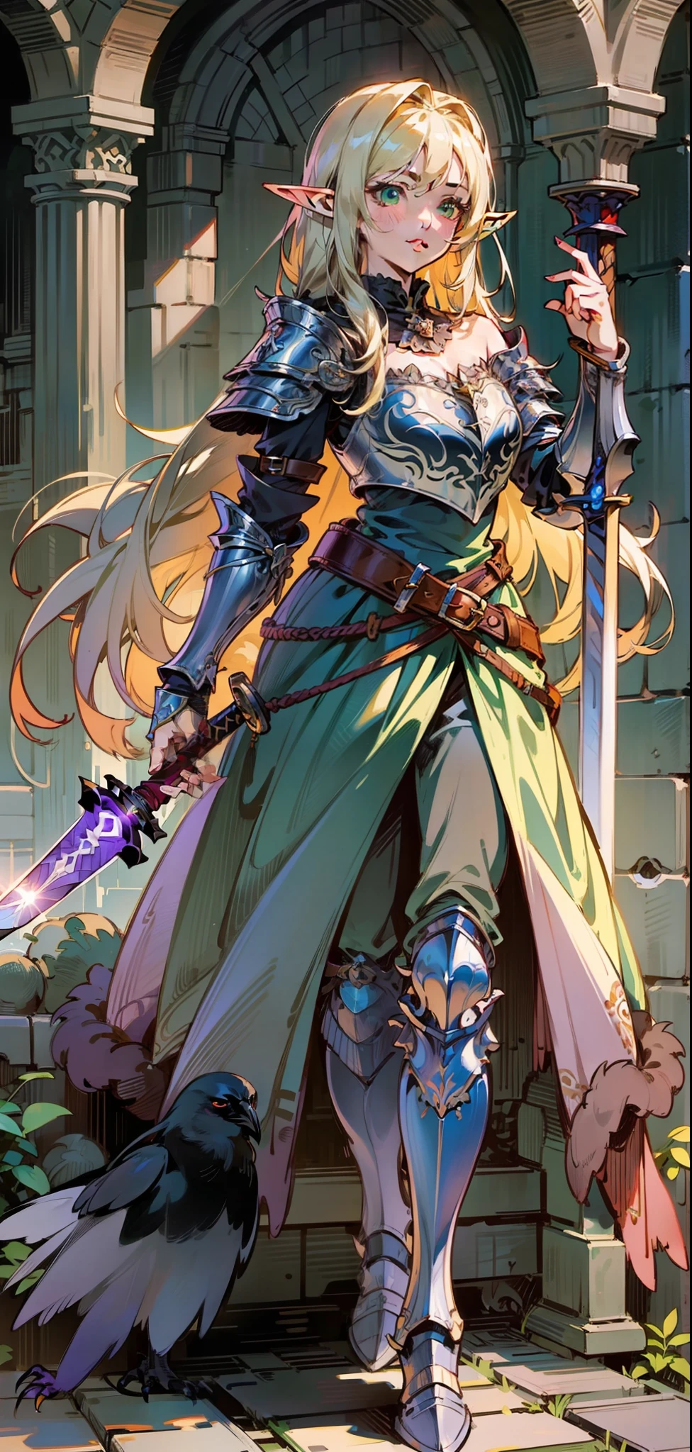 Best quality, masterpiece, ultra high res, (photorealistic:1.4), raw photo, 1girl, offshoulder, in the dark, deep shadow, low key, cold light, green eyes, elf ears, very long hair, bangs, leather fantasy clothes, elf girl, big bust, cute face, full body, medieval , (((full body))), silver details, medieval clothes, detailed face, boots, (((magic sword))), shield, belt, bracelets, (((shoulder armor))), elegant, (((furr))), (((crow))), braided hair, silver ornaments, (((perfect face))), blonde hair, masterpiece