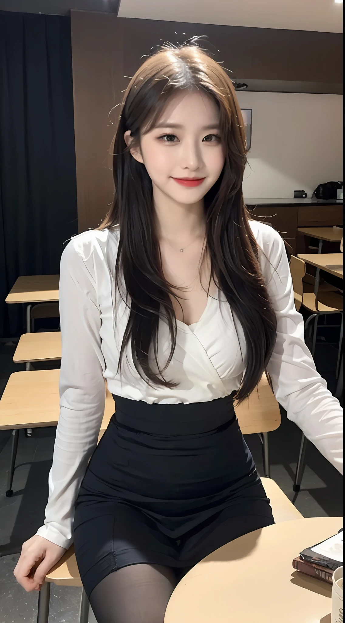 (1 Korean star with royal sister style), ((Best quality, 8K, 巨作: 1.3)), focal point: 1.2, Perfect body proportions: 1.4, (Make a smile), (raytrace),Watery eyes, highly detailed face and skin textures, Fine eyes, Double eyelids, Whitens the skin, (length hair, Air bangs: 1.3), (Round face: 1.5), (white shirt,Skirt that wraps hips: 1.4), (Sit on a high chair and show off your figure: 1.6),(black lence stockings: 1.4),(film grain style:1.3),a sense of atmosphere