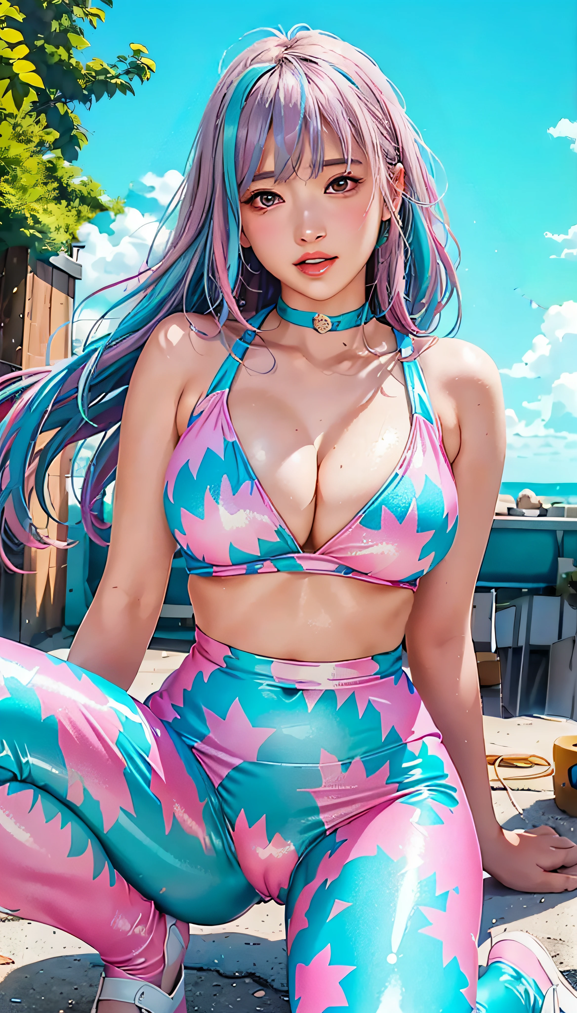(1girl:1.3, cute, pink printed latex tight leggings, big boobs, cleavage, pink printed croptop, long blue hair, outdoors, HD hair, anime style, a manga drawing, (pastel colors:1.2), aestheticism), fluid, by Jackson Pollock, detailed skin texture, falling leaves, clouds, day, night, big eyes, seductive smile, (goosebumps:0.5, blush:0.5), subsurface scattering, (masterpiece, top quality, best quality, official art, beautiful and aesthetic:1.2), extreme detailed, colorful, highest detailed, cameltoe:1.4