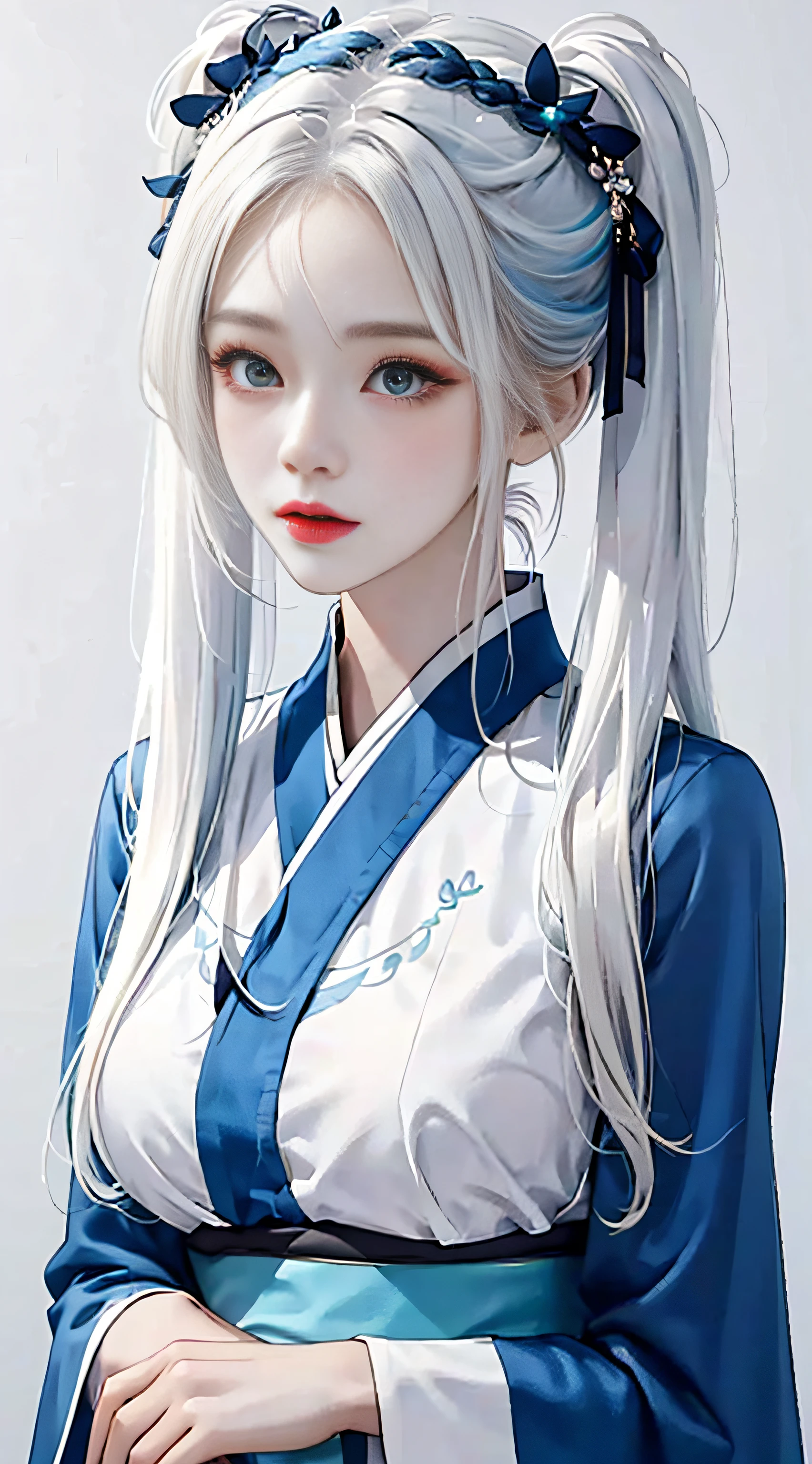 1个Giant Breast Girl,Hanfu,pigtails,white color hair,(white-skinned:1.2),(silver blue hair),Colored inner hair