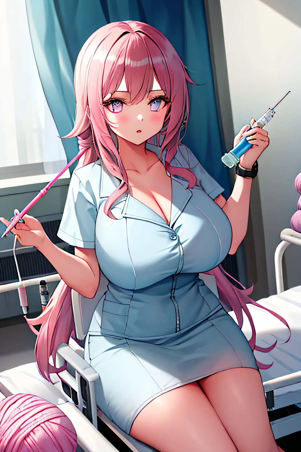 the best quality, 1girl huge large breasts,In a hospital,sickroom,holding a syringe,Pink yarn