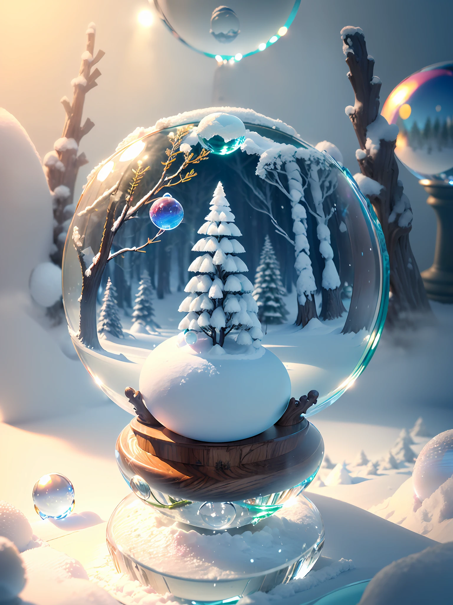 Hyper-realistic、16K High Resolution、(Maximum Sharp Focus:1.3)、(Maximum Close-up:1.5)、(Miniature forest buried in snow trapped in crystal ball with pedestal on table:1.7)、(blue back light:1.5)、(White fog、milkyway、Light shining:1.5)