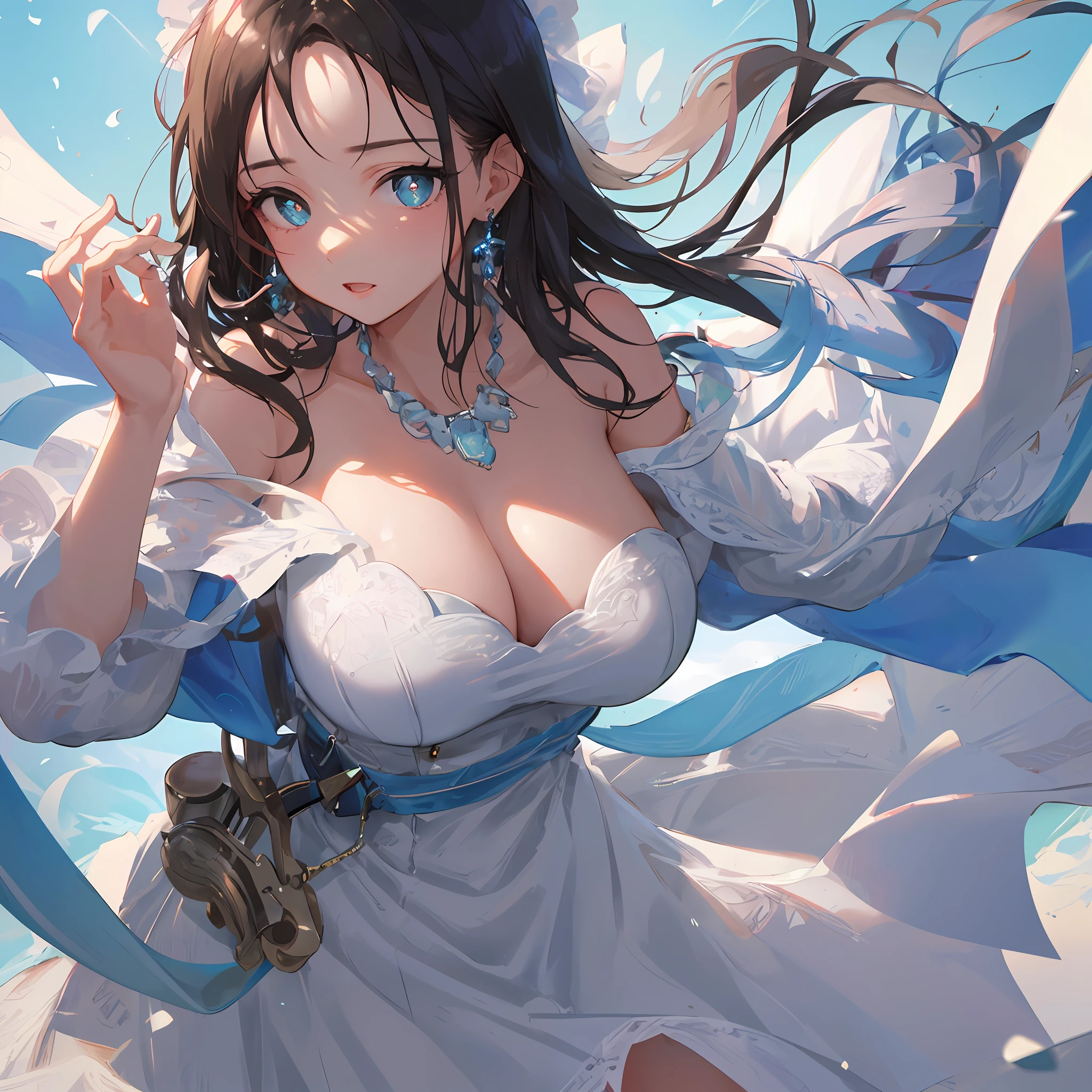 a masterpiece of，need，illustration，Sax Blue，Platinum Earrings，Platinum Necklace，whiteskirt，1girl huge large breasts，lovly，A big-breasted（Dinamic Light：1.2），Cinematic light，Delicate facial features，detailed eye，Sharp pupils，realistic pupil，depth of ﬁeld，Background bokeh，sharp fokus，（hyper detailled，Halo，glowing with：1.4），Many small gemstones