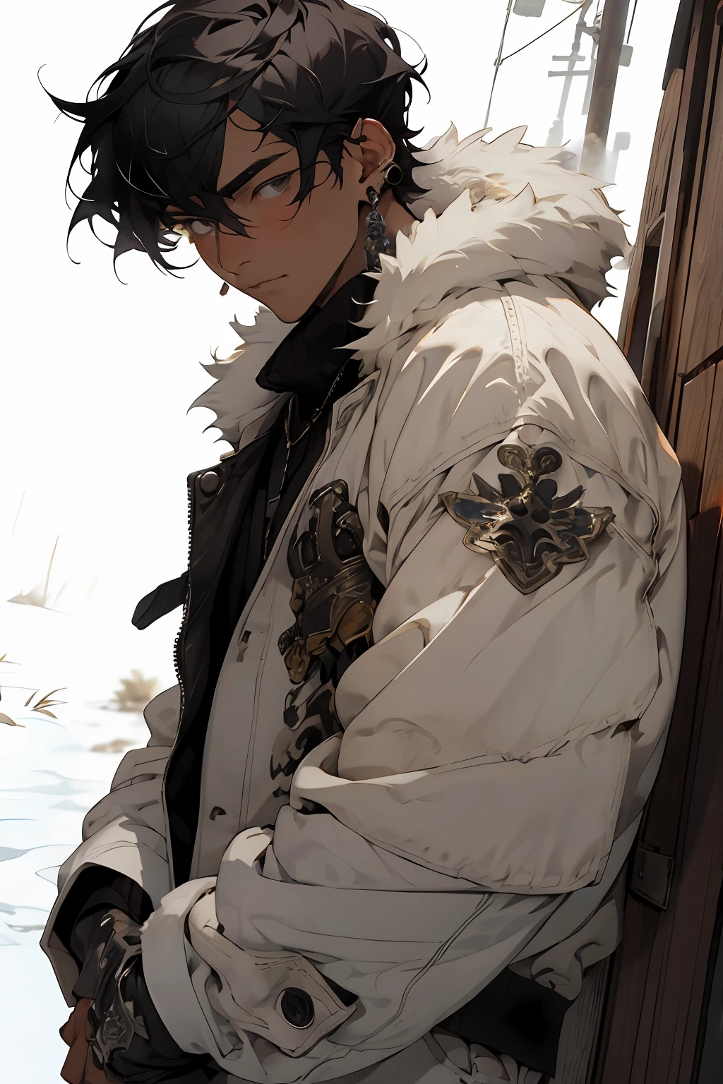 realisticlying,(a masterpiece of,top Quority,Best Quority,offcial art,),abundantly detailed,Most detailed,,(1boy:1.3),Kamimei,black color hair,mistic,,Handsome man,((Nomadic style)),grass field,shepherd,Fur coat,trinkets,耳Nipple Ring,Background in desolate snow