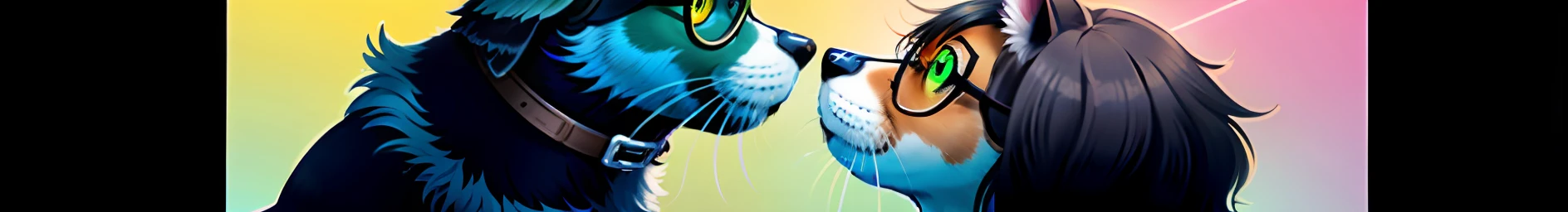A dog with fluorescent glasses,A cat with a safety helmet,Look at each other,Blackbackground,Fluorescent color,astigmatism,llight rays,universes,Cool,neons,a masterpiece of,the best quality