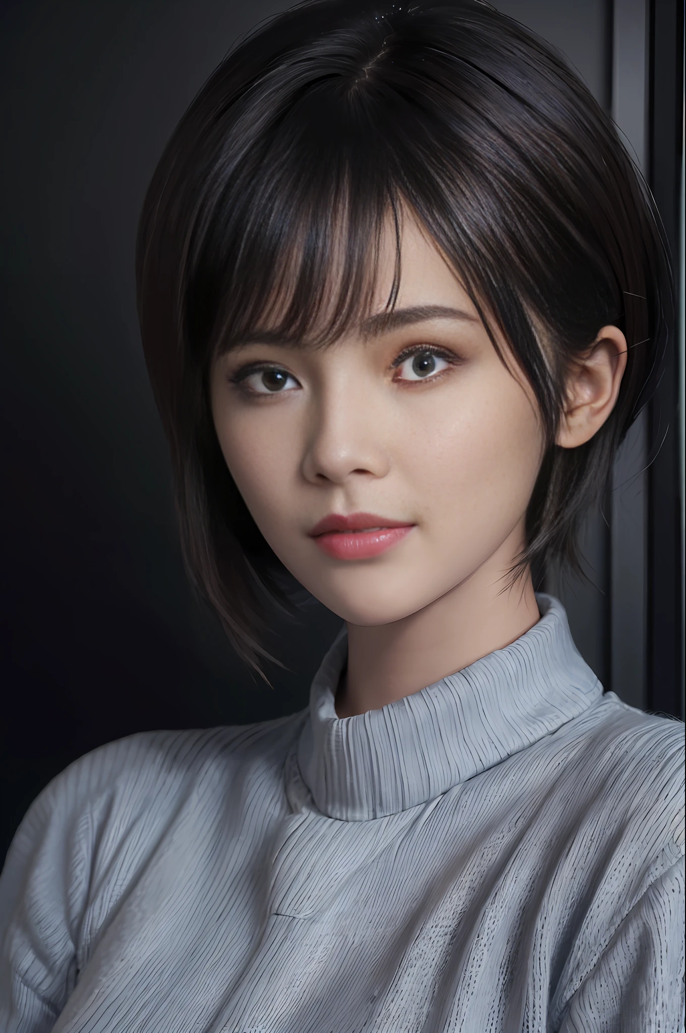 (masterpiece:1.3), (8k, photorealistic, RAW photo, best quality: 1.4), (1girl), beautiful face, (realistic face), (black hair, short hair:1.3), beautiful hairstyle, realistic eyes, beautiful detailed eyes, (realistic skin), beautiful skin, (sweater), absurdres, attractive, ultra high res, ultra realistic, highly detailed, golden ratio
