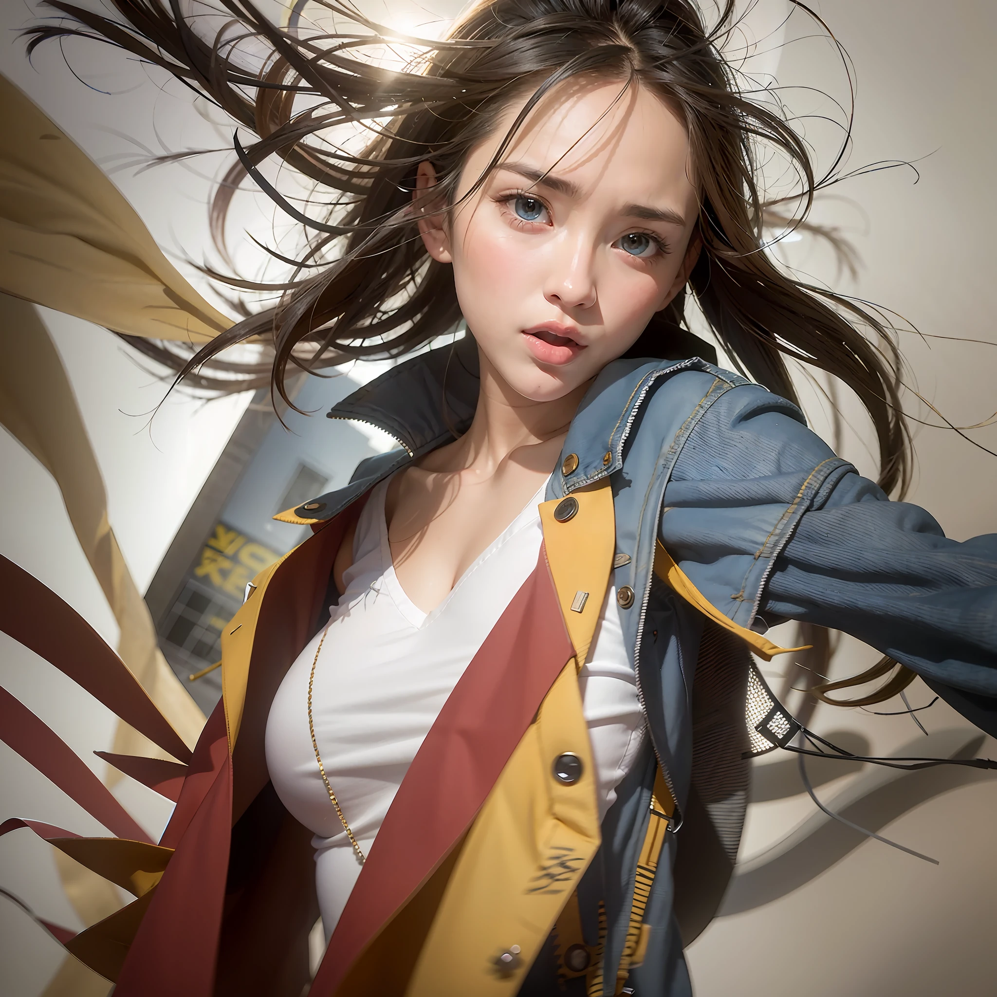 (((1 girl, cute, denim jacket, white top, jeans, Gloves, blond, short hair, bob hair, side parted hair, blue eyes))), (((blond hair))),
dynamic poses, manga style, depicting a group of characters in various action scenes, from intense battles to lighthearted moments, with dramatic speed lines and bold sound effects, capturing the excitement and energy of the story, Laser rays from the palm of hand, Attack forward with palm, yellowstone park, Grand Canyon,