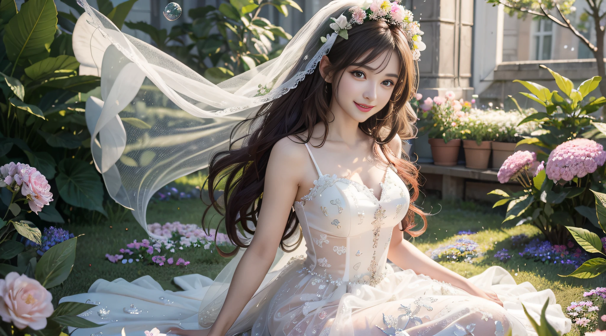 ((masterpiece))，(extremely detailed CG unity 8k wallpaper)，(highres)，full body，original, illustration,1girl siting in flower field,{an extremely delicate and beautiful},long pink hair，beautiful and detailed eyes，(a lot of Colorful bubbles)，White wedding dress,wedding veil，butterflys flying，Hair fluttering，(smile),