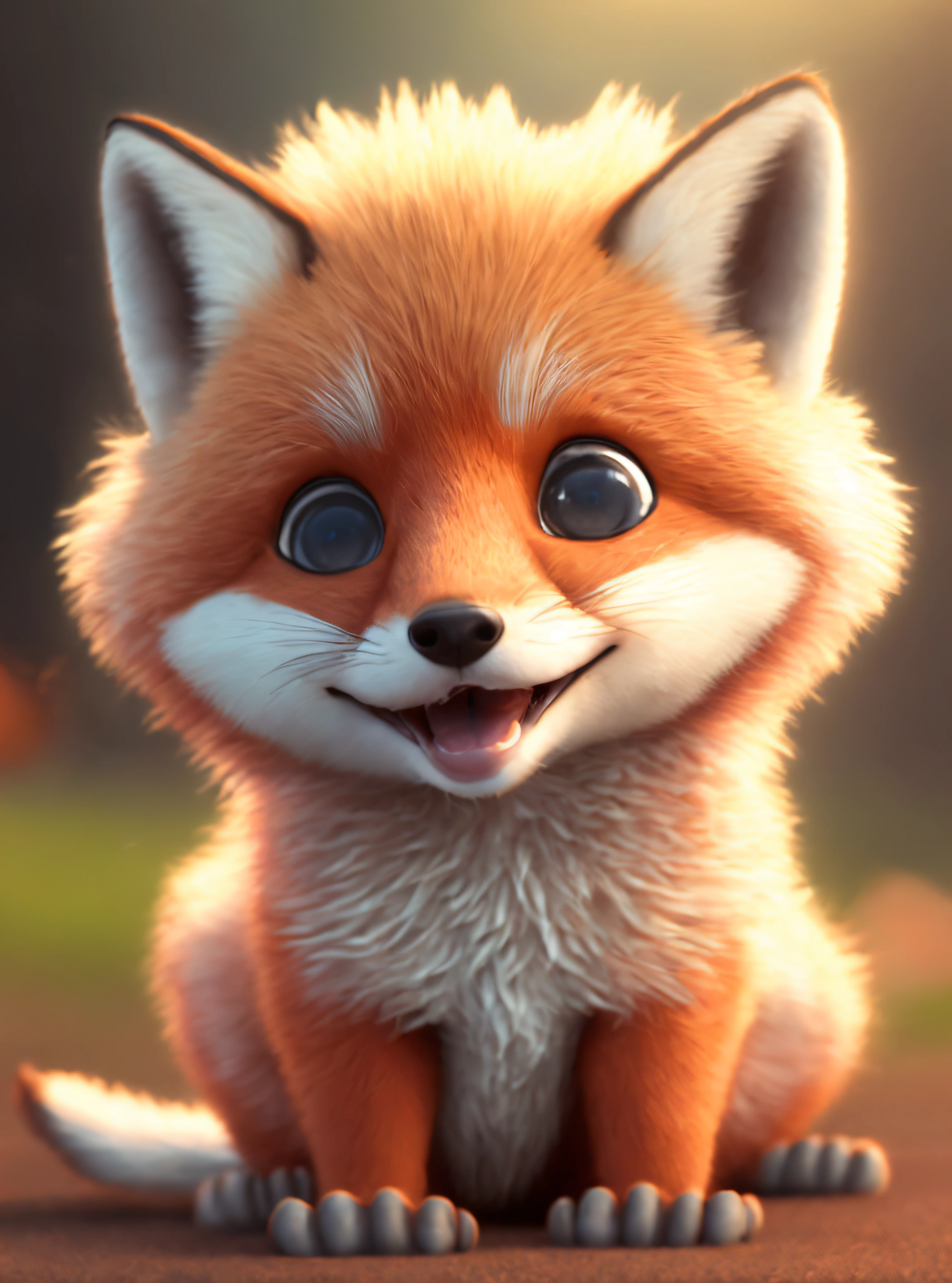 one happy cute baby  fox, Portrait, at street, background space, toon, Pixar Style, 3d, Cartoon, Detailed Face, asymmetric, upper-body