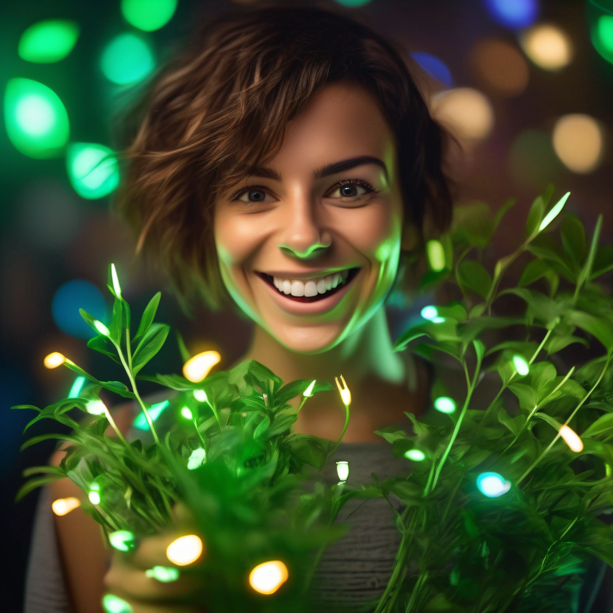 high resolution photo of a happy surprised smiling a french woman with cut hair brown and green eyes holding a plant with many colored lights greens glowing out of the plant with icons of social media and icons of people flowing in a magical scene - ar 2:3