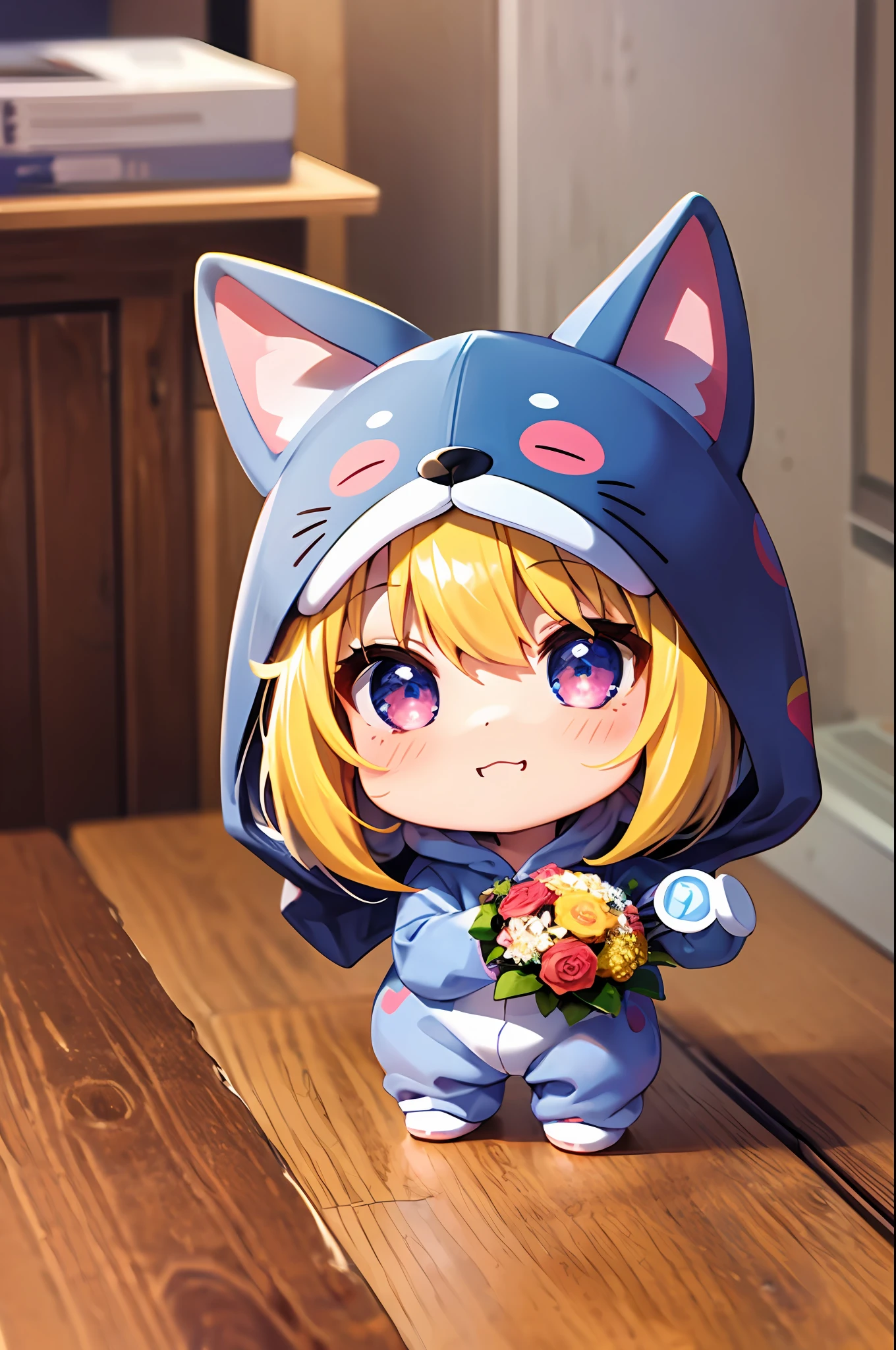 (Chibi: 1.3), happy, (holding a bouquet), full body, (Kigurumi), indoors, on the table, (Nendoroid:1.1),