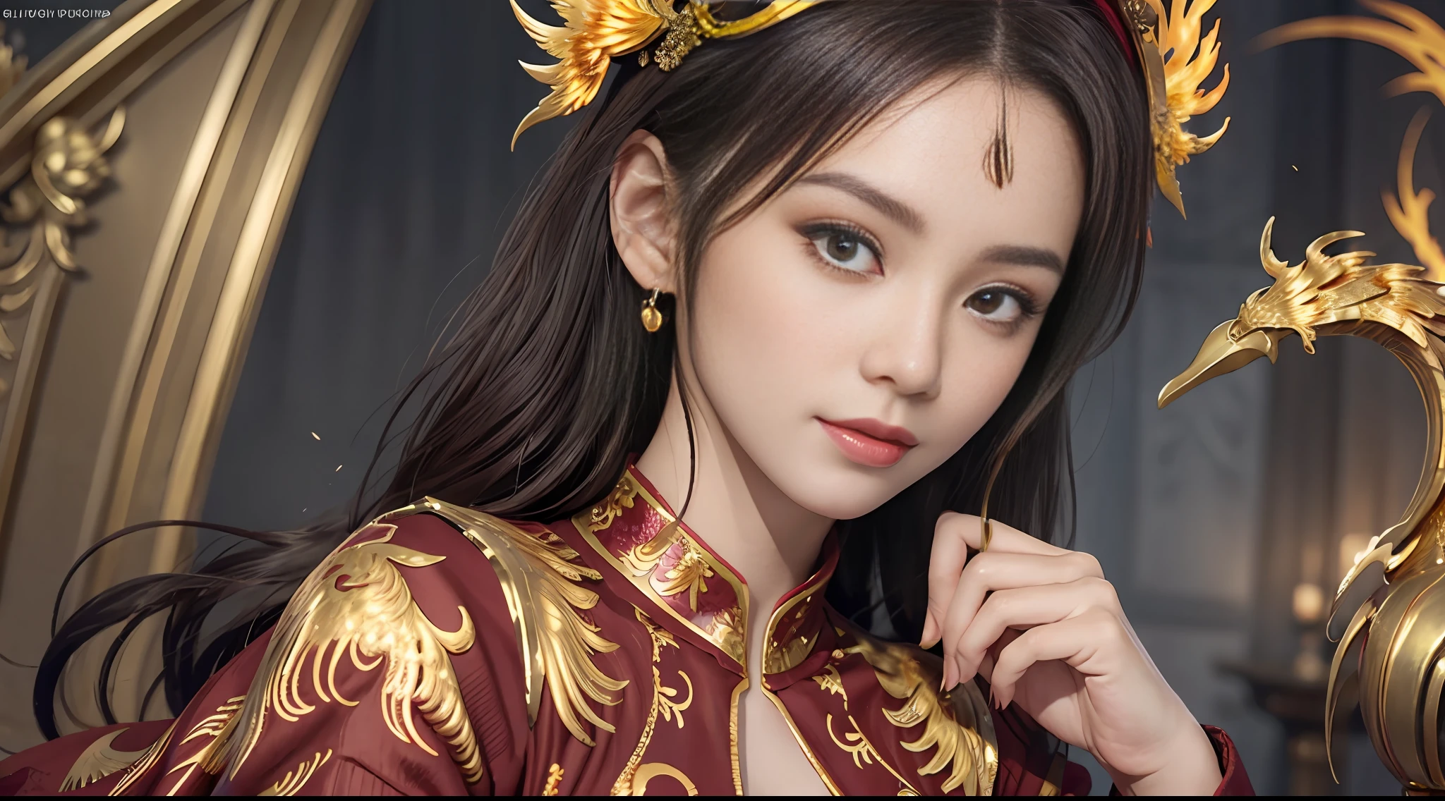 masterpiece, best quality,extremely detailed CG unity 8k wallpaper,((gorgeous red long skirt)),Red shawl, red long sleeve,((((dress has golden phoenix pattern on it)))),black hair,Red eyes,((gentle)),(((nice headpiece))),(Gorgeous crown),((detail ornaments)),(flowers),gentle smile,the tiny gold bracelet,beautiful eyeliner,beautiful detailed girl,an extremely delicate and beautiful girl,beautiful detailed eyes,