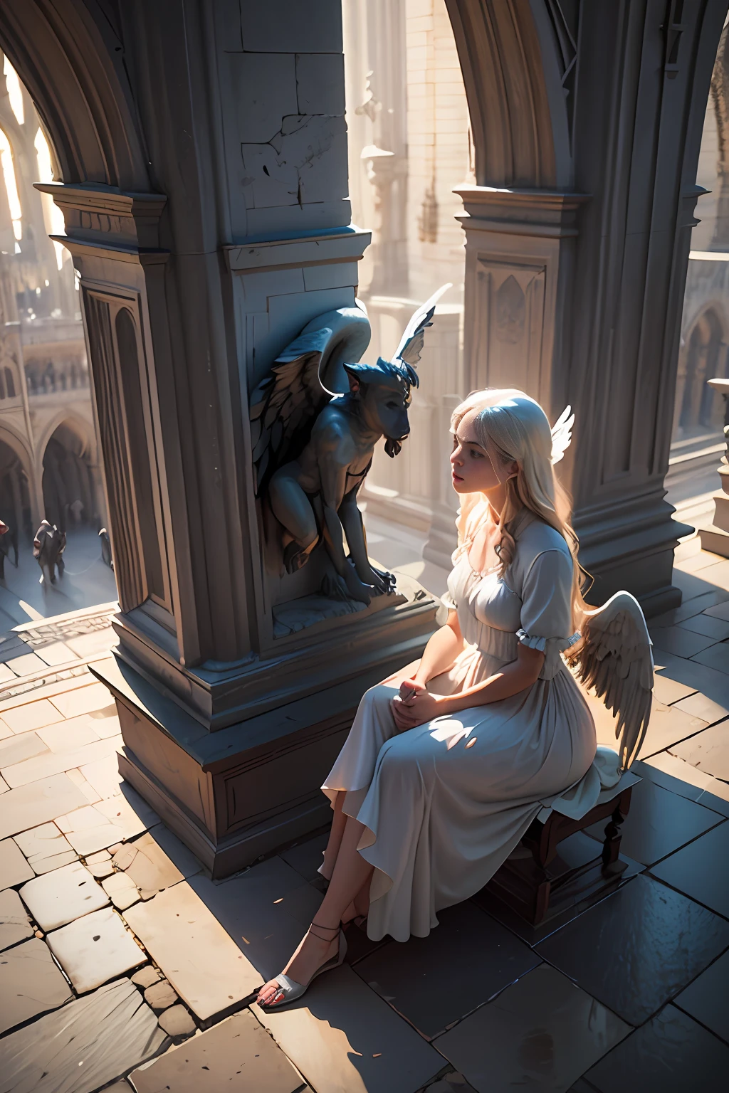 (two figures)    (one: Beautiful (Female) Angel , in transparent white clothes , halo,  sitting (on the edge of the roof) of Notre Dame Cathedral, and dangles his feet in the air , The angel looks at them sadly,  ) break      next to a ( two: huge statue of a gargoyle)   break     Far below is the street, pavement, Small figures of people walking in the rain,    19th century,      realism, real photo,  masterpiece, best quality, smalldetailed, digital art, 3D, 4k, 8k, hdr,