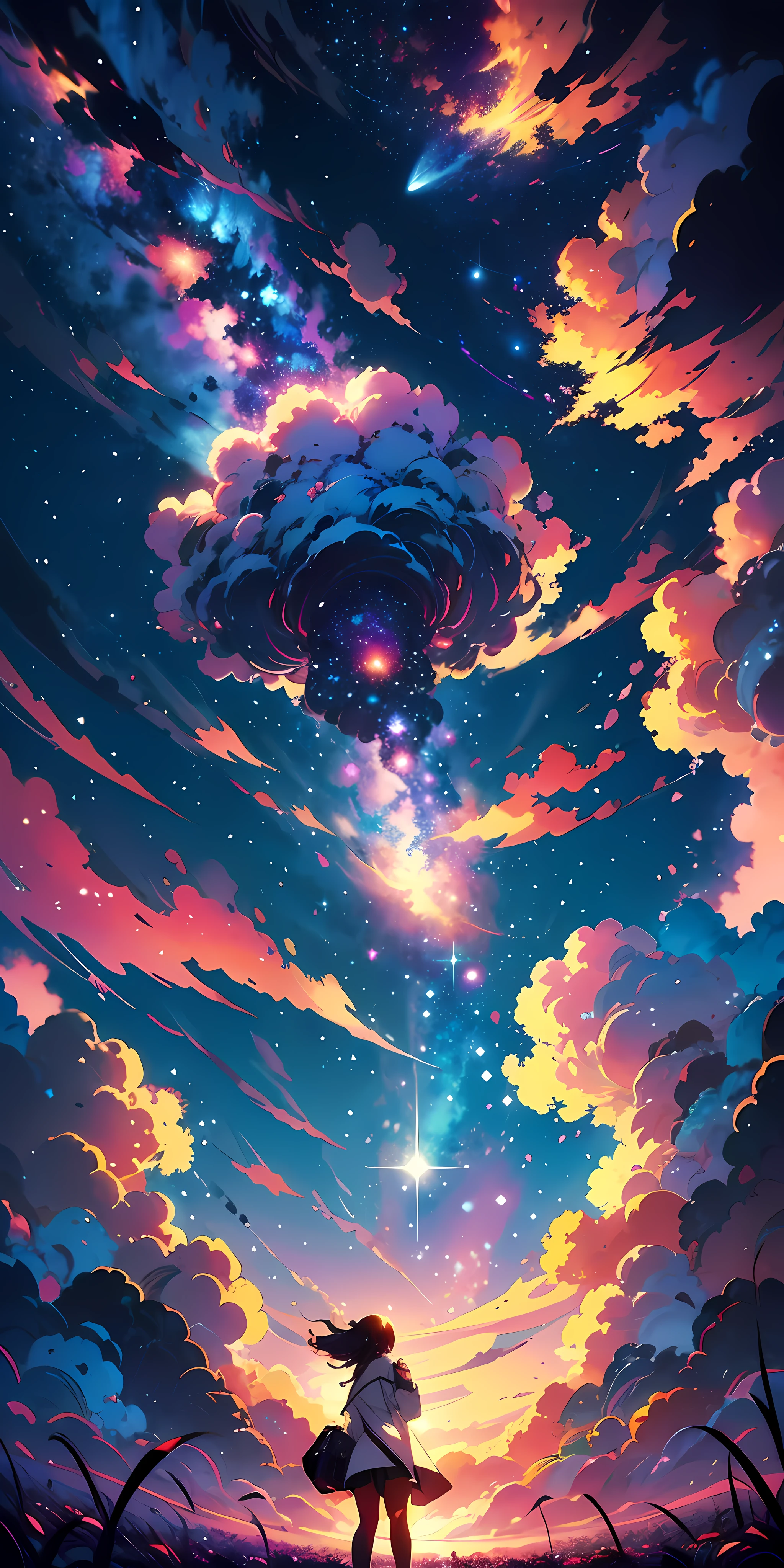 anime wallpapers of a girl looking at a view of the cloud sky and stars, cosmic skies. by makoto shinkai, anime art wallpaper 4 k, anime art wallpaper 4k, anime art wallpaper 8 k, anime sky, amazing wallpaper, anime wallpaper 4 k, anime wallpaper 4k, 4k anime wallpaper, makoto shinkai cyril rolando, anime background art