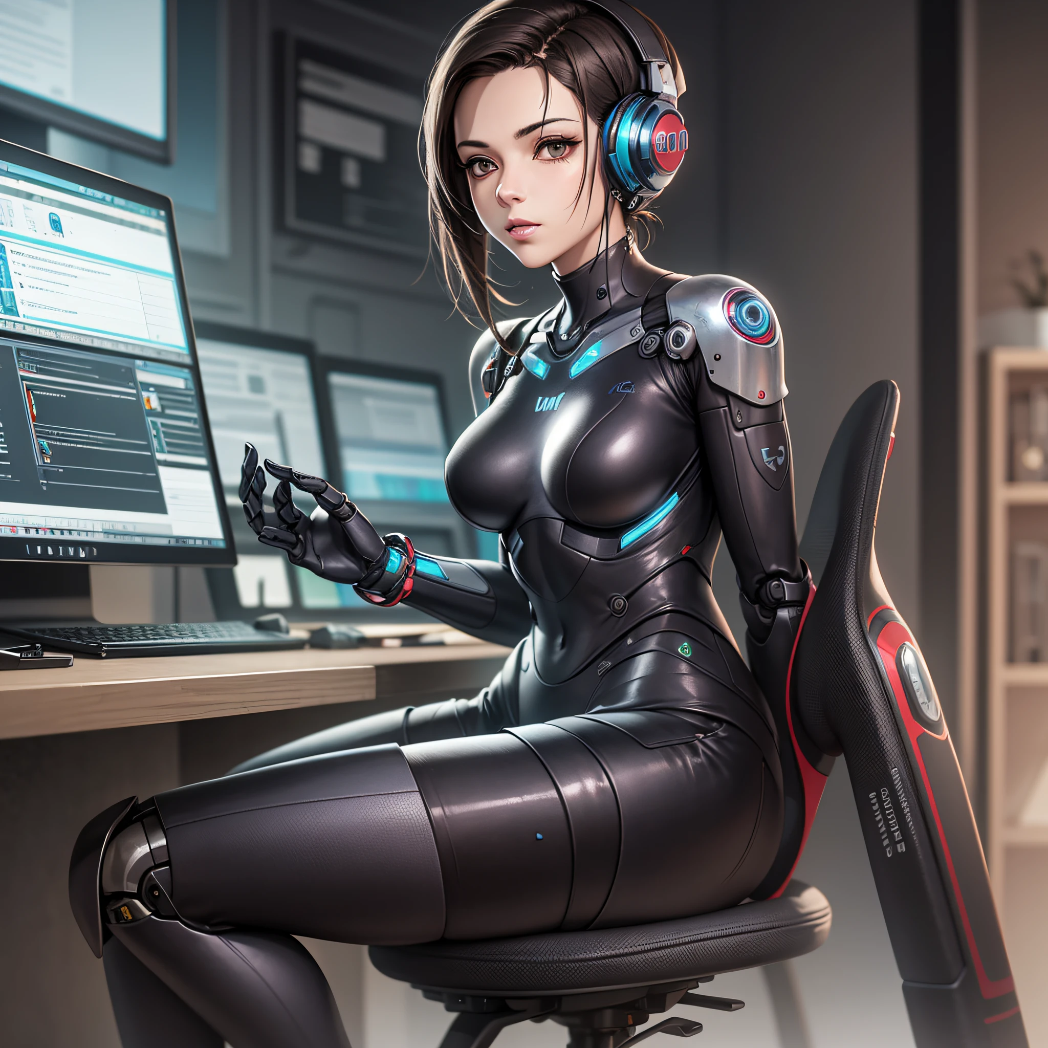 obra de arte, boa qualidade, a robot sitting in front of the computer, fundo da imagem studio, efeito cyberpunk, unreal engine 5