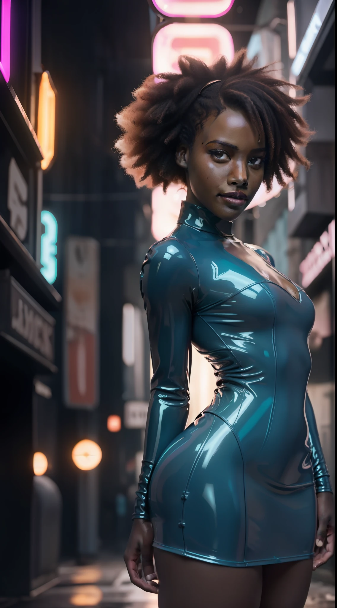 (8k, ARTISTIC photography, best quality, masterpiece: 1.2) ((Lupita nyong'o)) film still of a photorealistic beautiful afro-american woman, ( in neon-lit cyberpunk alley wearing a futuristic light blue latex dress:1.5), cute face, ebony (edgerunner, geisha):1.25, staring at the camera in front, pink hair,((dynamic pose))) over-detailed face,, beautiful body, toned body, latex fetish, 8k uhd, SLR camera, soft lighting, high quality, film grain, Arri Alexa mini , , Cinematic lighting, octane render, Bar lighting, complex, 8k resolution concept art portrait , edgerunner, blade runner, Cyberpunk 2077, fractal isometrics details bioluminescence, hyperrealistic, photo awesome, gritty, realistic, (((pure 8K))), (((perfect anatomy))), extremely high-quality graphics, Riddley Scott, Blade Runner, Denis Villeneuve, Cyberpunk 2077 (((cinematic lighting))), ((clear details)), complex, highly detailed background,