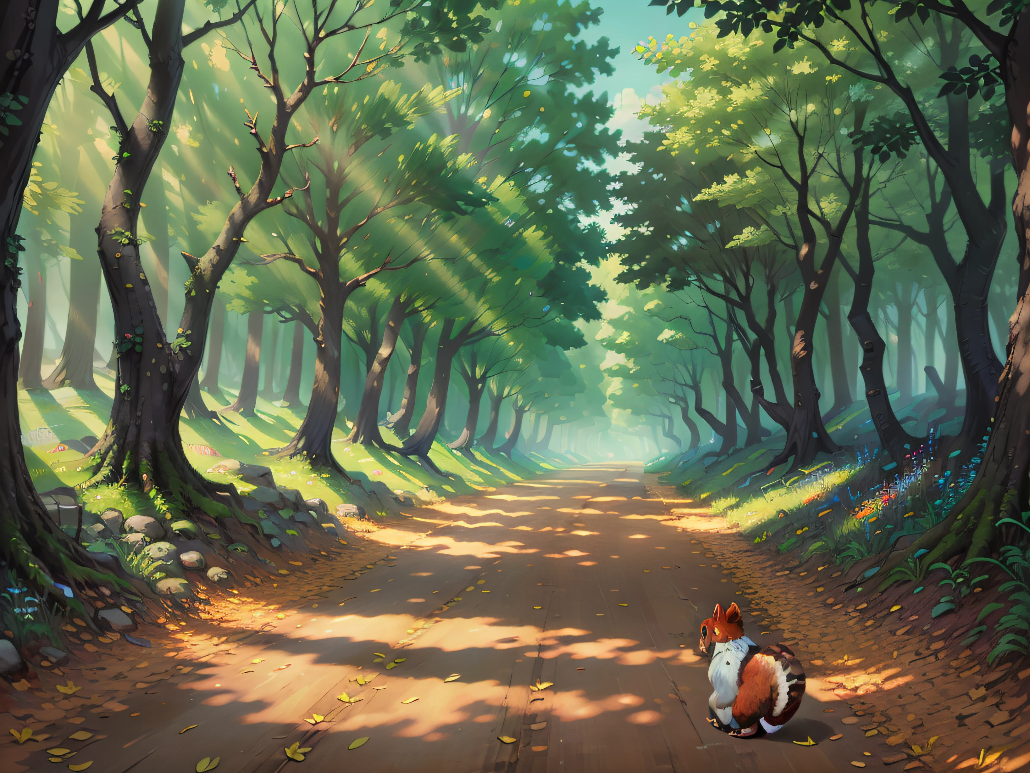 pine woods,There are many small squirrels,springtime,A sunny