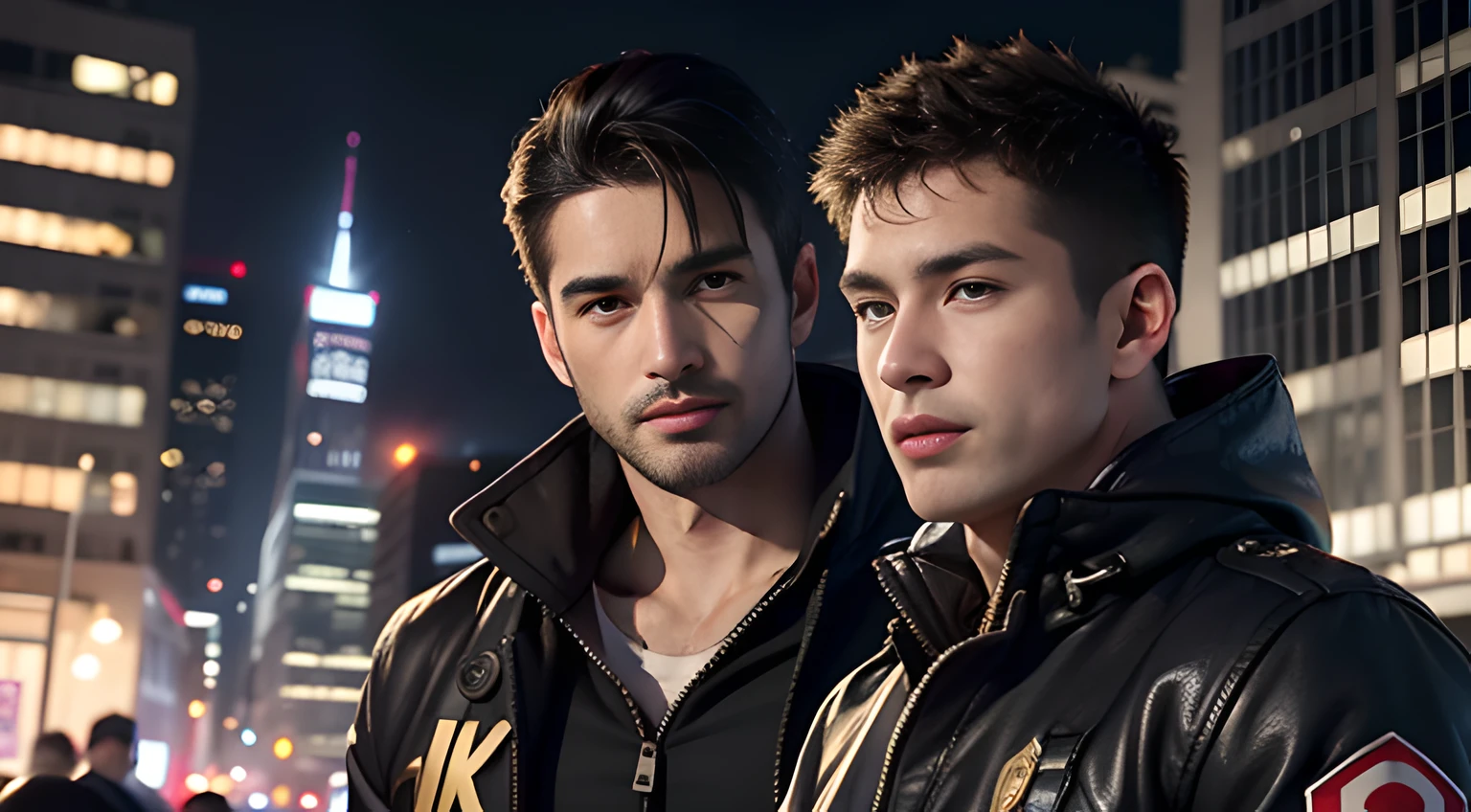 (both of them are men), (head shot), (face only), (Two male gay handsome muscular firefighters in their 30s), two handsome muscular male firefighters in their 30's in New York City, they wear protective coats, helmets, fire and New York skyscrapers in the background, they resemble Chris Redfield from Resident Evil, Mischievous smile, (small details: 1 in 1), Natural muscles, HIG quality, Beautiful  eyes, (Detailed face and eyes), (Face、: 1 / 2), Noise, Real Photographics、... .................................PSD, Sharp Focus, High resolution 8K, realisitic & Professional Photography, 8K UHD, Soft lighting, High quality, Film grain, FUJI XT3