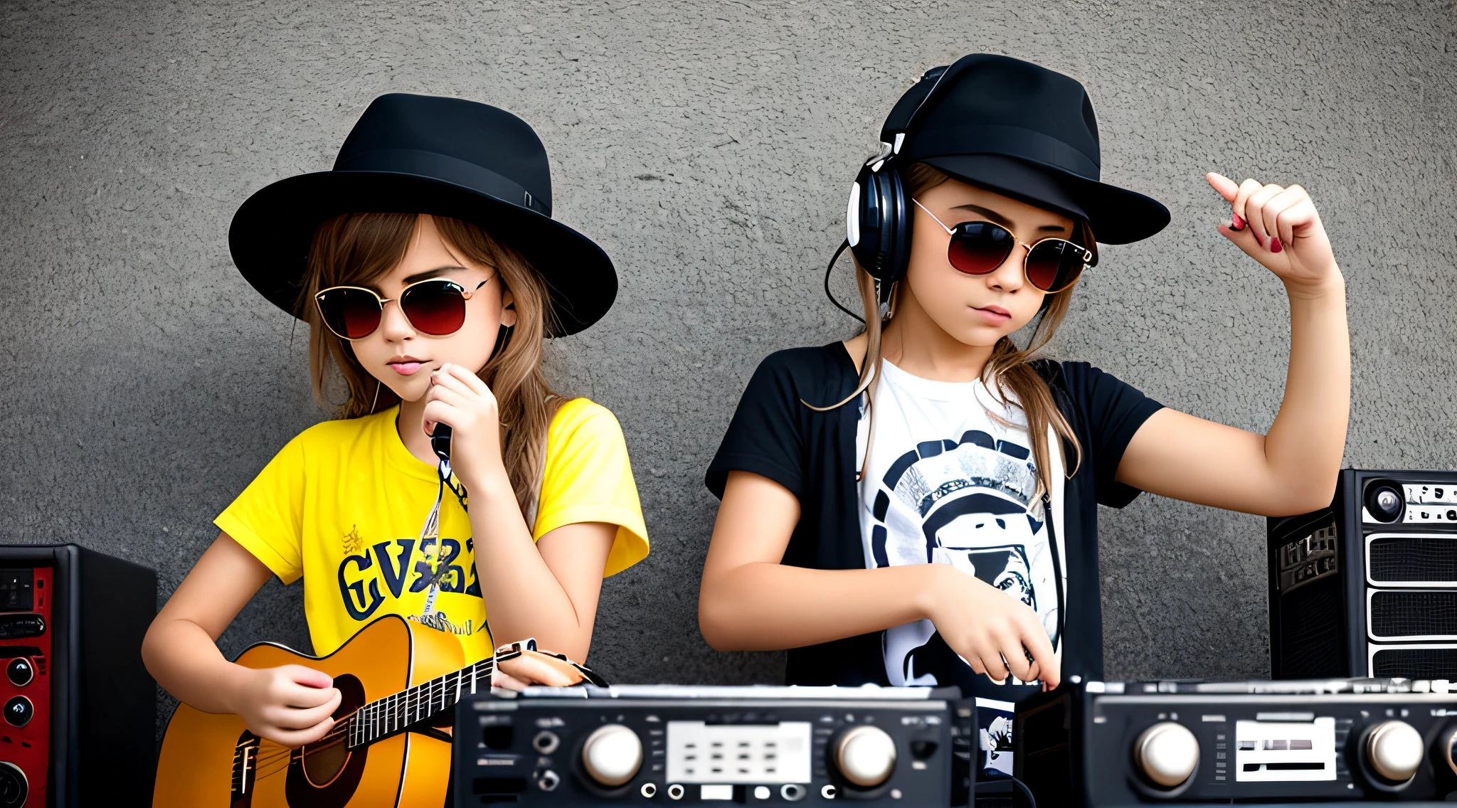 BLONDE CHILD LONG HAIR WEARING A HAT , Holding a boombox and pointing with your hand, Boombox, The Music Guy, blaster do gueto, em um fundo AMARELO, playing for music, em fundo AMARELO, DJ, imagem de muito baixa qualidade, red sunglasses and a guitar, Grande Gueto Blaster, com fones de ouvido, music is life, new music, vibrating with the music