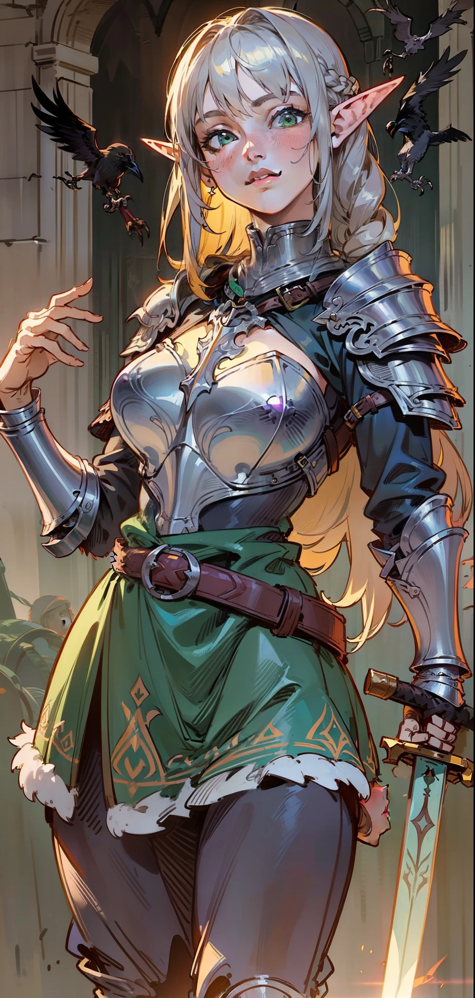Best quality, masterpiece, ultra high res, (photorealistic:1.4), raw photo, 1girl, offshoulder, in the dark, deep shadow, low key, cold light, green eyes, elf ears, very long hair, bangs, leather fantasy clothes, elf girl, big bust, cute face, full body, medieval , (((full body))), silver details, medieval clothes, detailed face, boots, (((magic sword))), shield, belt, bracelets, (((shoulder armor))), elegant, (((furr))), (((crow))), braided hair, silver ornaments, (((perfect face))), blonde hair, masterpiece