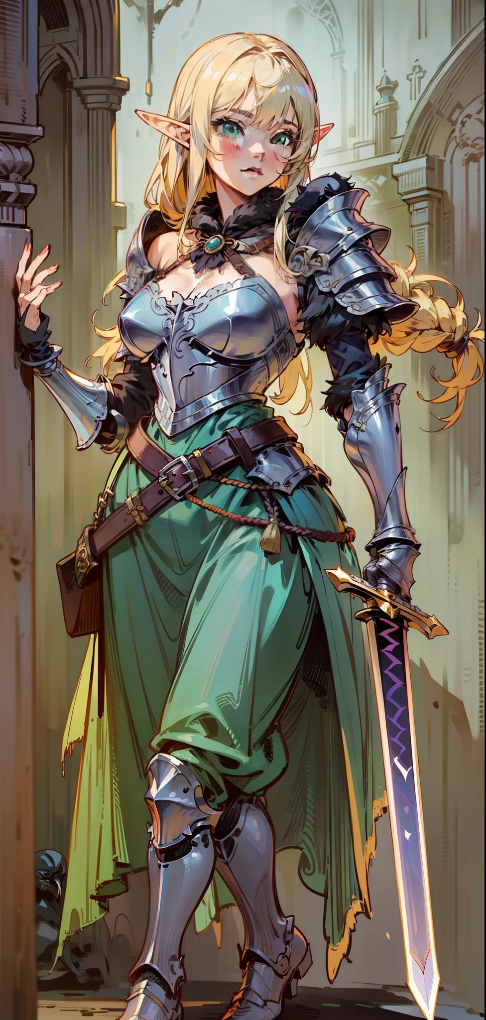 Best quality, masterpiece, ultra high res, (photorealistic:1.4), raw photo, 1girl, offshoulder, in the dark, deep shadow, low key, cold light, green eyes, elf ears, very long hair, bangs, leather fantasy clothes, elf girl, big bust, cute face, full body, medieval , (((full body))), silver details, medieval clothes, detailed face, boots, (((magic sword))), shield, belt, bracelets, (((shoulder armor))), elegant, (((furr))), (((crow))), braided hair, silver ornaments, (((perfect face))), blonde hair, masterpiece