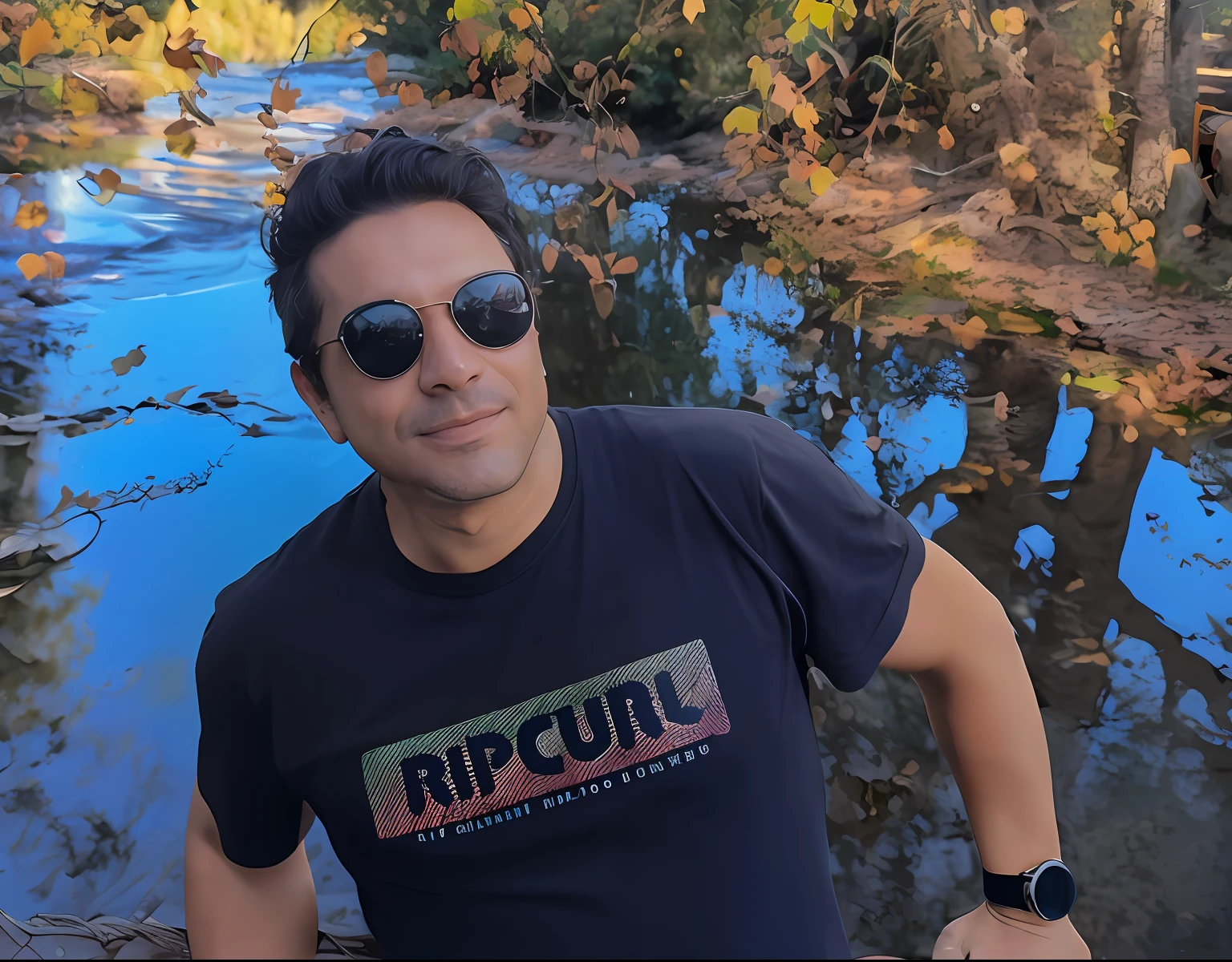 araful man in sunglasses standing by a river with trees in the background, Ricardo Milos, gui guimaraes, inspired by Antônio Parreiras, foto promocional, Foto promocional, album photo, daniel mirante, Raphael Personnaz, rippling with magic, Bryan Sola, Directed by: Ric Estrada, cultura pop, 2 0 2 2 foto