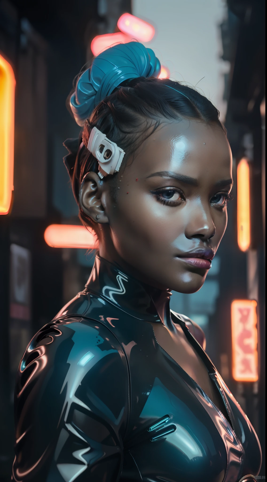 (8k, ARTISTIC photography, best quality, masterpiece: 1.2) ((Lupita nyong'o)) film still of a photorealistic beautiful afro-american woman, ( in neon-lit cyberpunk alley wearing a futuristic light blue latex dress:1.5), cute face, ebony (edgerunner, geisha):1.25, staring at the camera in front, pink hair,((dynamic pose))) over-detailed face,, beautiful body, toned body, latex fetish, 8k uhd, SLR camera, soft lighting, high quality, film grain, Arri Alexa mini , , Cinematic lighting, octane render, Bar lighting, complex, 8k resolution concept art portrait , edgerunner, blade runner, Cyberpunk 2077, fractal isometrics details bioluminescence, hyperrealistic, photo awesome, gritty, realistic, (((pure 8K))), (((perfect anatomy))), extremely high-quality graphics, Riddley Scott, Blade Runner, Denis Villeneuve, Cyberpunk 2077 (((cinematic lighting))), ((clear details)), complex, highly detailed background,