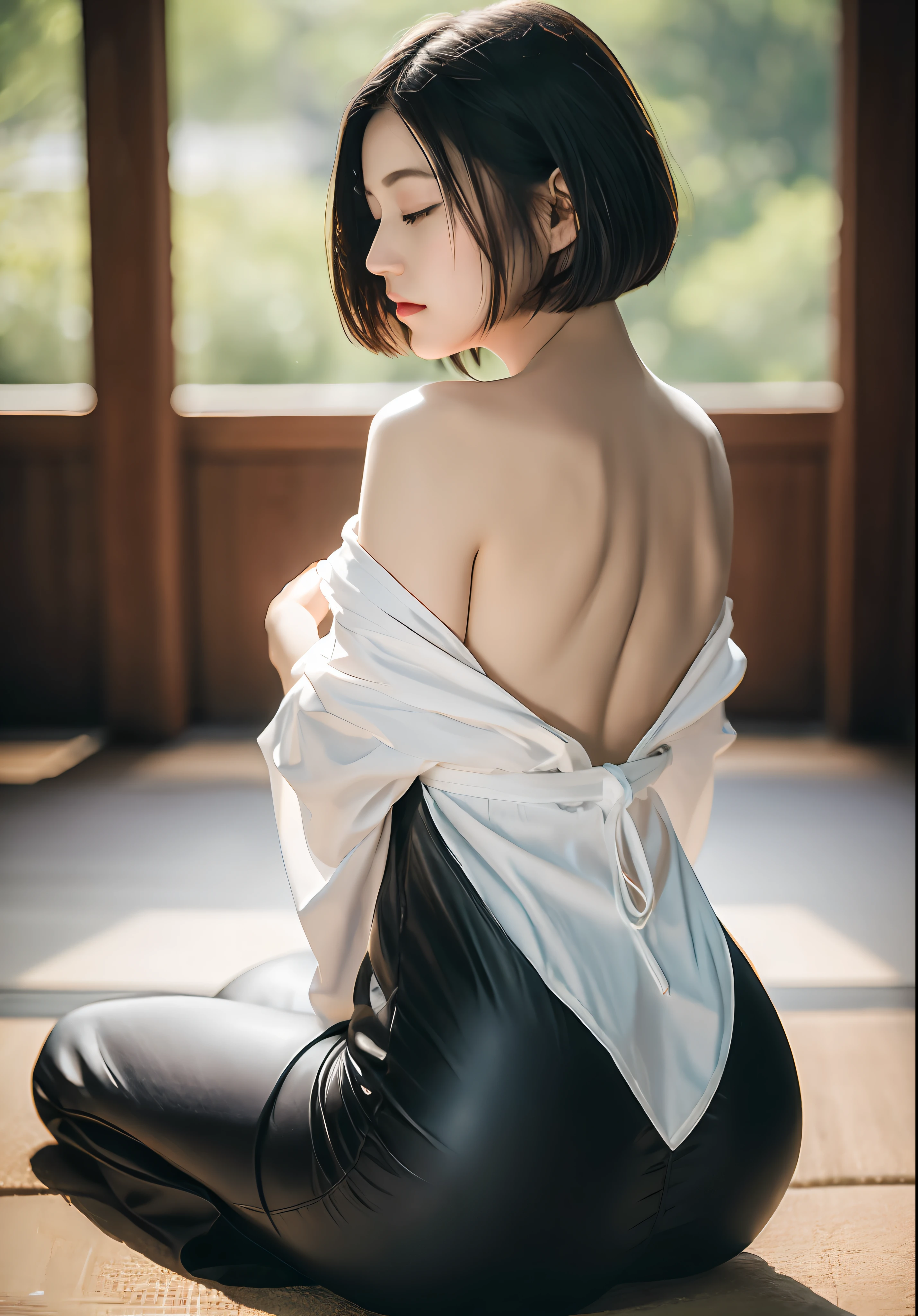 女の子1人、cute-cute、Black-haired、On-eyebrow bangs、Short Bob Cut Hair、Shaved nape、(Sith Meditation:1.3)、Dressed in the white attire of a monk、Sitting with your back straight and legs crossed、Close your eyes、Zazen、meditating、(The main hall of the temple:1.1)、Facing the front、Perfect Anatomy、depth of field、Center the subject、Spiritual silence、Transcendental tranquility、(photo- realistic:1.4)、absurderes、RDLT、extra detailed face、Raw photography、film grains、Deviantart Trends、nights、a scene from a movie、naturallight