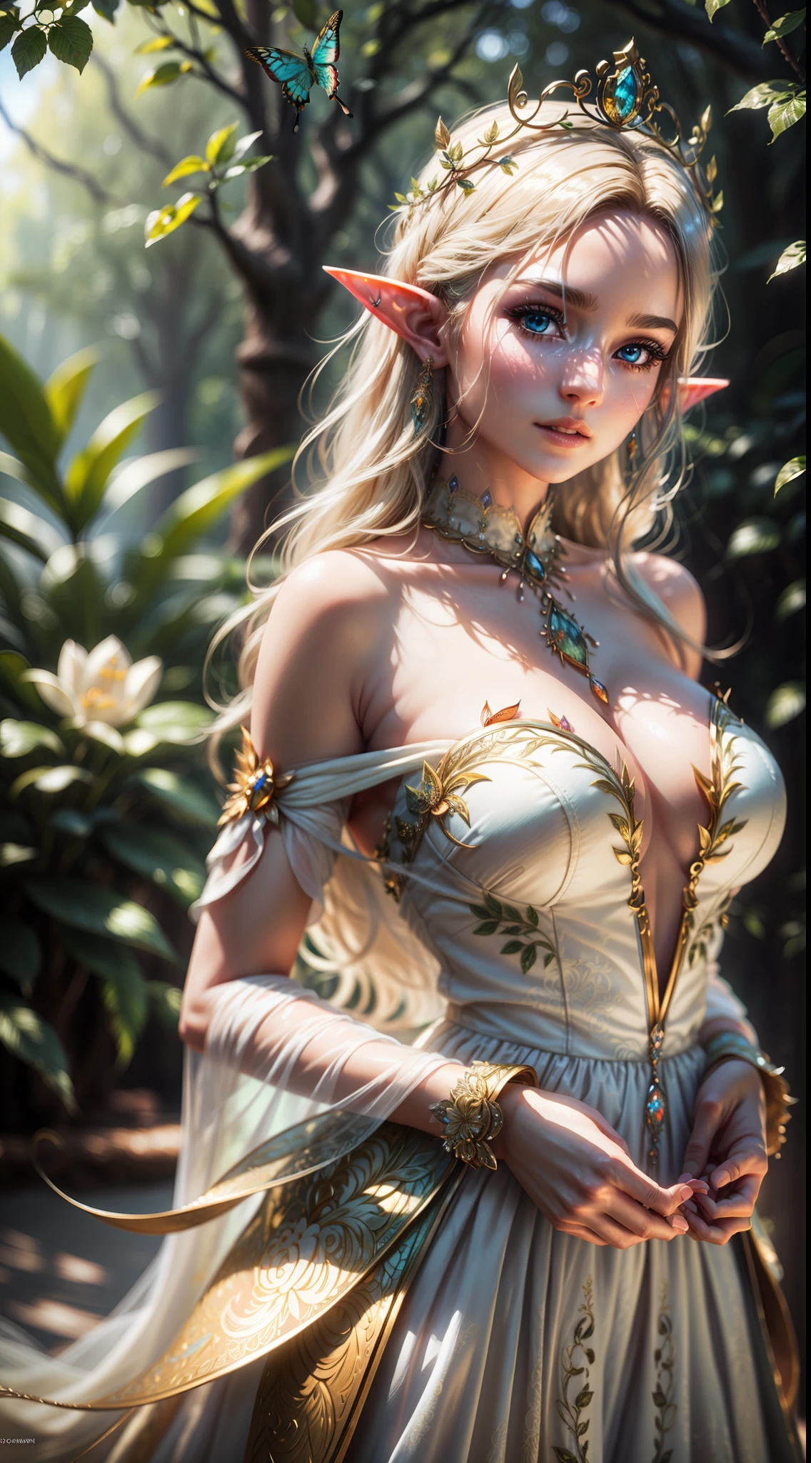 (masterpiece, high resolution, illustration:1.3), elegant elven princess, adorned in a white ornate gown, (exquisite floral patterns:1.2), wearing a crown of vibrant flowers, perfectly accentuating her regal presence, (proportional and alluring figure:1.1), long flowing hair cascading down her back, captivating blue eyes filled with wisdom and grace, delicate facial features, gentle smile, standing in a lush garden, (majestic elven architecture:1.2), sunlight filtering through tall trees, (colorful butterflies:1.1), (singing birds:1.2), (fragrant blossoms:1.1), gentle breeze caressing her dress, (subtle ethereal glow:1.2), (sublime tranquility:1.1), enchanting aura, (dappled light:1.2), mid-shot capturing her poise and elegance, (soft background music:1.1), magical atmosphere, invoking a sense of awe and admiration, Cinematic, Hyper-detailed, insane details, Beautifully color graded, Unreal Engine, DOF, Super-Resolution, Megapixel, Cinematic Lightning, Anti-Aliasing, FKAA, TXAA, RTX, SSAO, Post Processing, Post Production, Tone Mapping, CGI, VFX, SFX, Insanely detailed and intricate, Hyper maximalist, Hyper realistic, Volumetric, Photorealistic, ultra photoreal, ultra-detailed, intricate details, 8K, Super detailed, Full color, Volumetric lightning, HDR, Realistic, Unreal Engine, 16K, Sharp focus, octane render