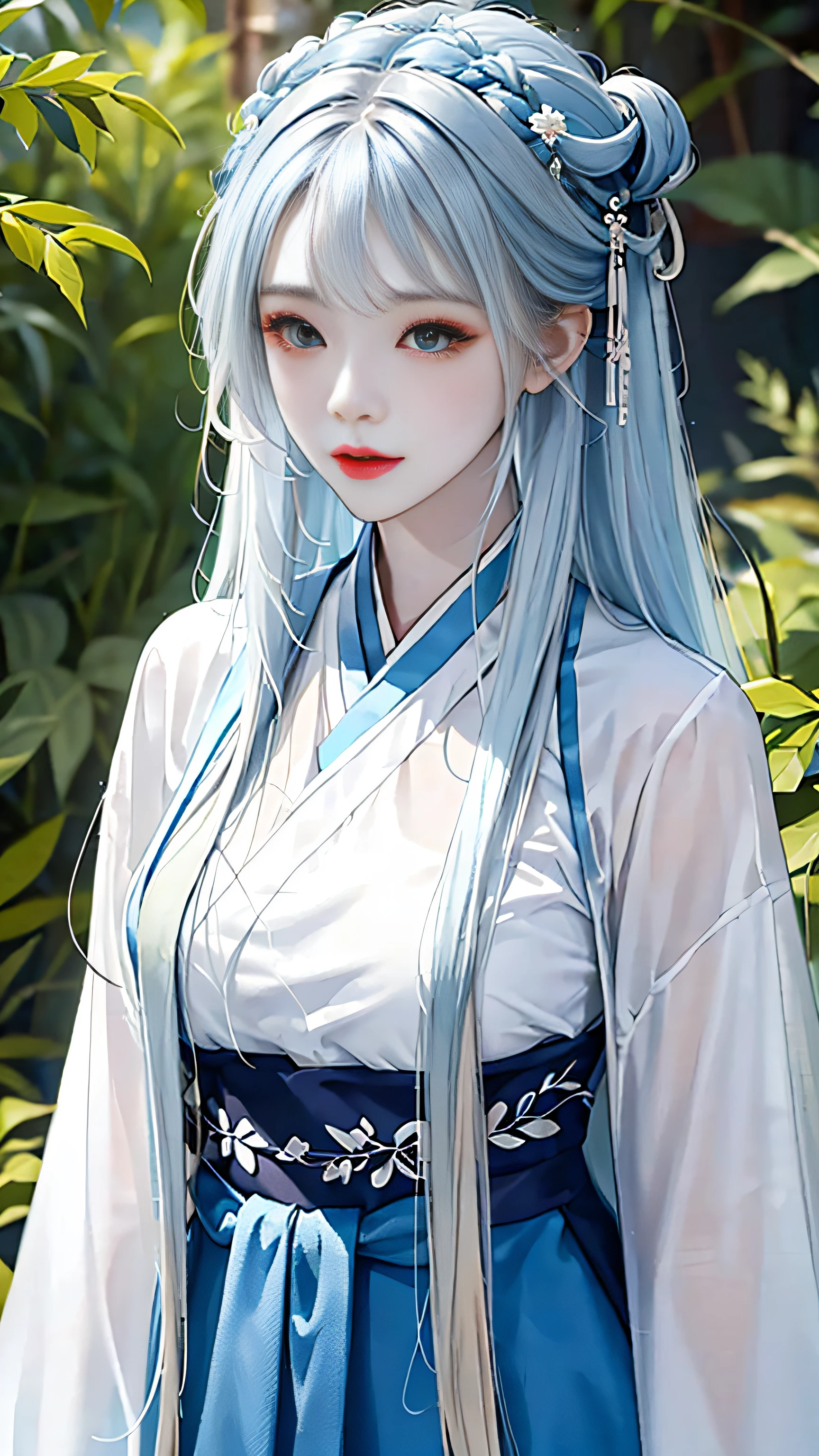 1个Giant Breast Girl,Hanfu,length hair,(White-skinned:1.2),(silver blue hair),Colored inner hair