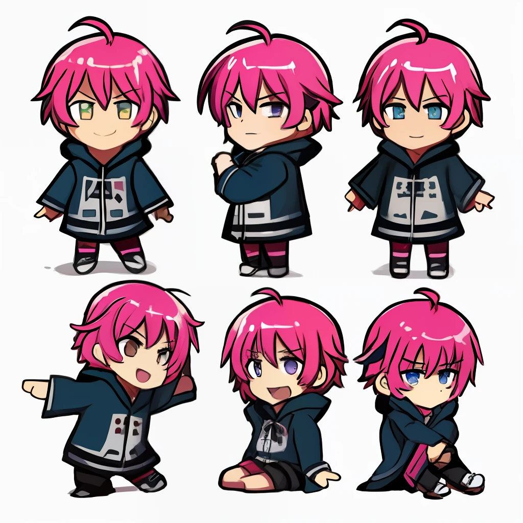 A set of six different poses，A girl with pink hair, 2 d anime style, assorted poses, 2 d sprites, anime style character, live2d virtual youtuber model, Anime boy, anime moe art style, anime chibi, 2d anime, visual novel sprite, 2 d style, chibiStyle, assorted poses, style as nendoroid, 2 d sprites