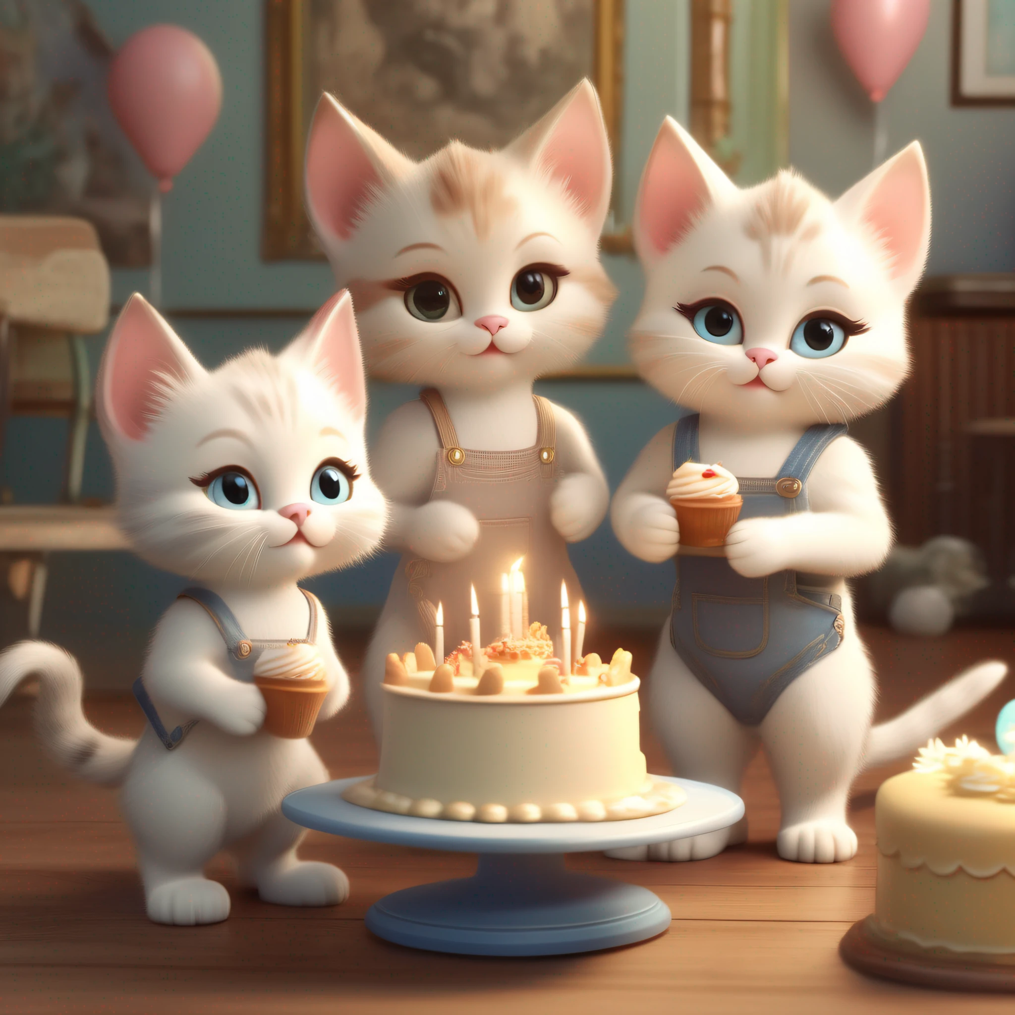 Cute little group of three kittens, smartly dressed in overalls, gown , one of them holding  white color birthday cake in hand , full body view, zoom out , party background , Unreal engine, cozy indoor lighting, Artstation, high richness of detail, digital painted, Cinematic, Character Design by Mark Ryden, Pixar and Hayao Miyazaki, Unreal 5, daz, hyperrealistic, Octane Render